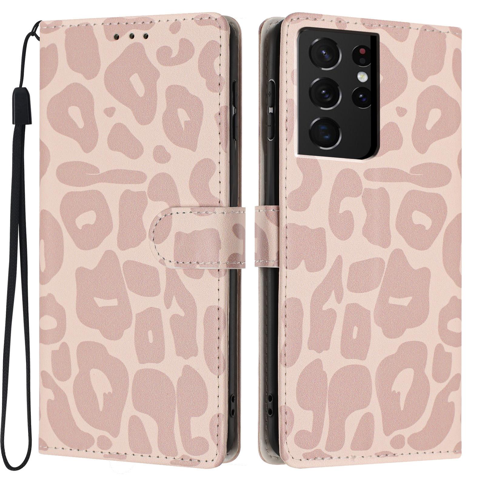 For Galaxy S21 Ultra 5G Leopard Print Wallet Vegan Leather Phone Case with Lanyard(Pink) - Shopkiz.com