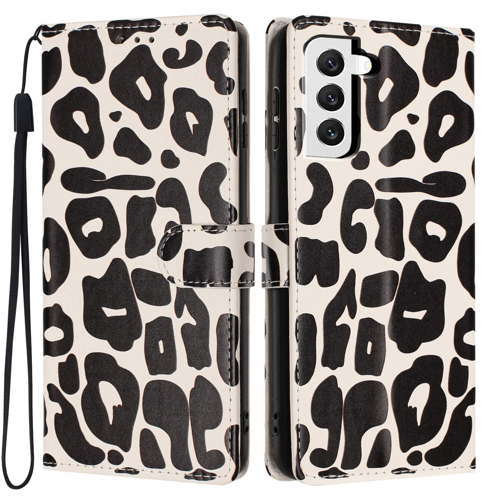 For Galaxy S22+ 5G Leopard Print Wallet Vegan Leather Phone Case with Lanyard(Black) - Shopkiz.com