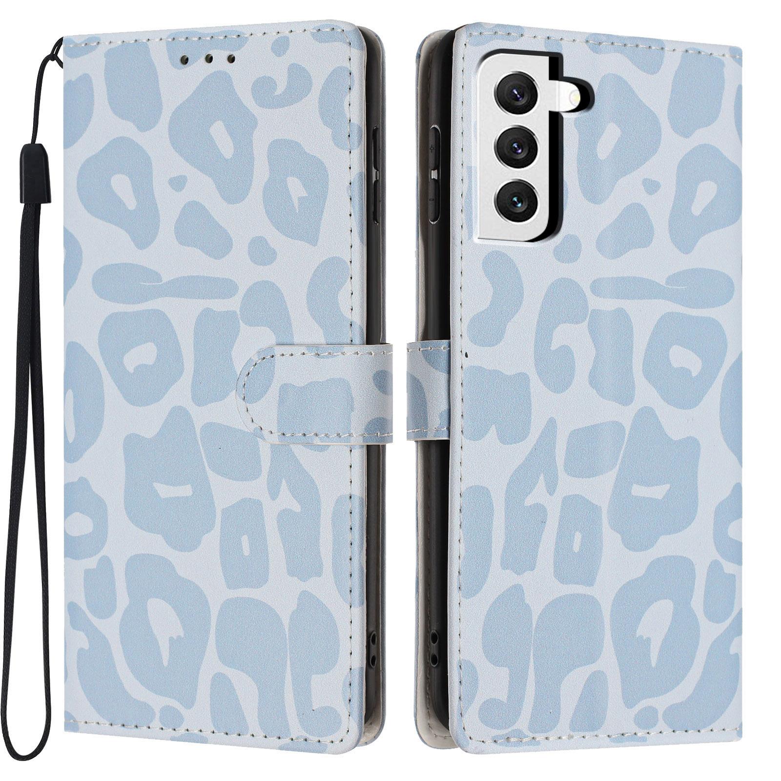 For Galaxy S22+ 5G Leopard Print Wallet Vegan Leather Phone Case with Lanyard(Sky Blue) - Shopkiz.com