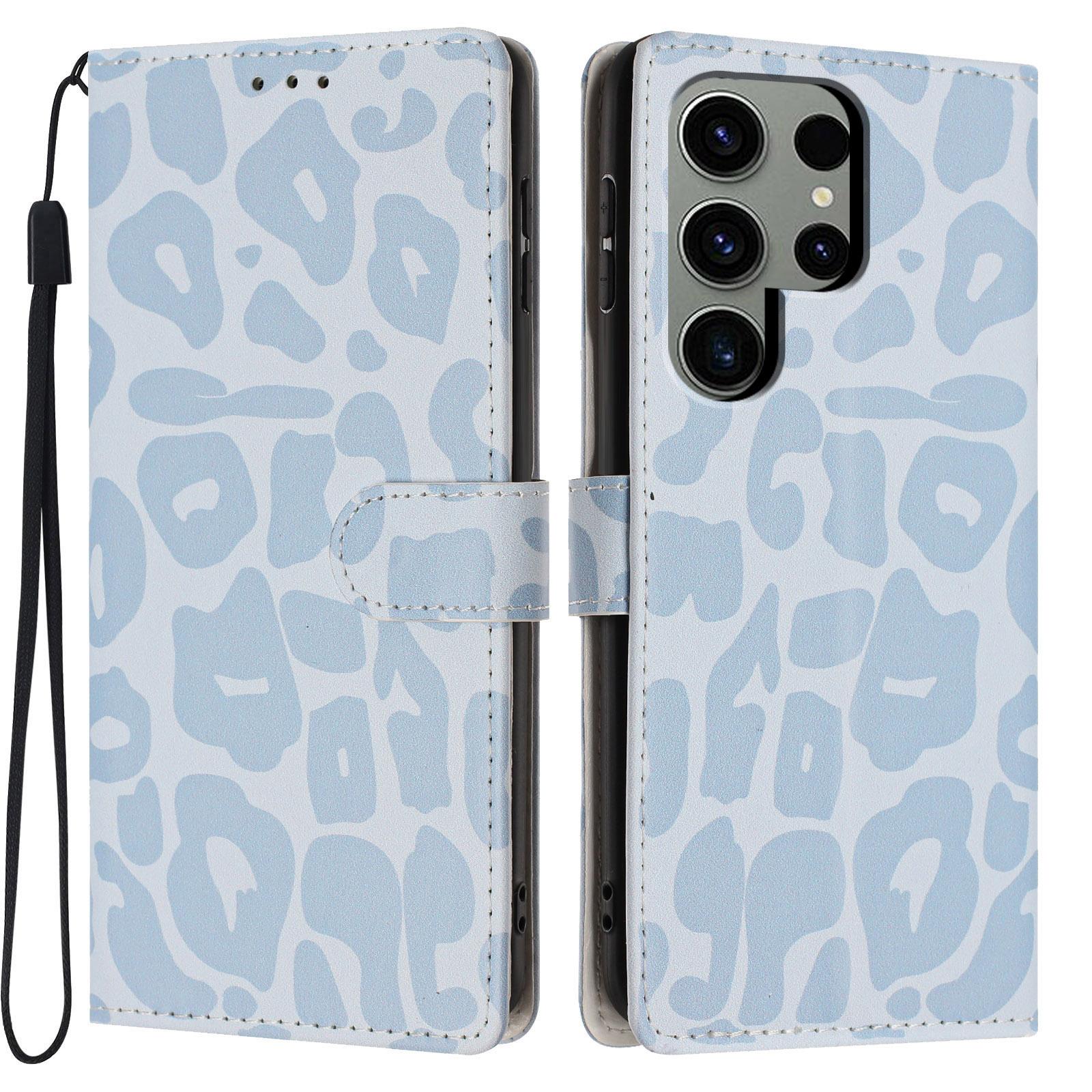 For Galaxy S22 Ultra 5G Leopard Print Wallet Vegan Leather Phone Case with Lanyard(Sky Blue) - Shopkiz.com