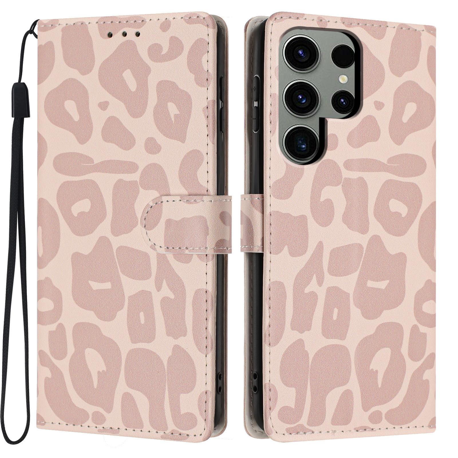 For Galaxy S22 Ultra 5G Leopard Print Wallet Vegan Leather Phone Case with Lanyard(Pink) - Shopkiz.com