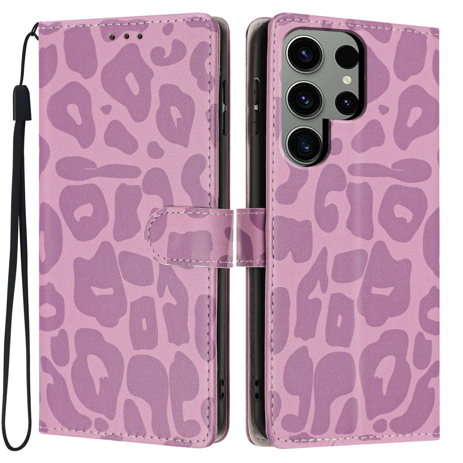 For Galaxy S22 Ultra 5G Leopard Print Wallet Vegan Leather Phone Case with Lanyard(Light Purple) - Shopkiz.com