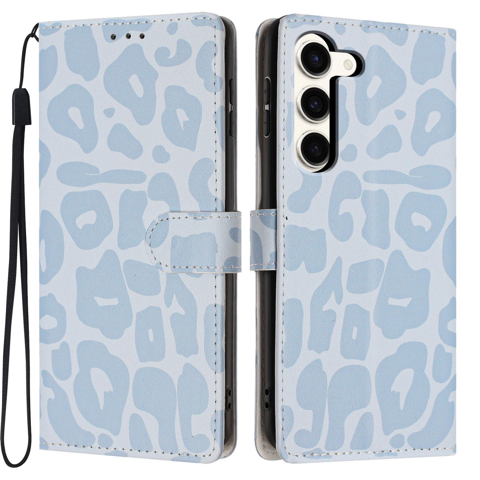 For Galaxy S23 5G Leopard Print Wallet Vegan Leather Phone Case with Lanyard(Sky Blue) - Shopkiz.com