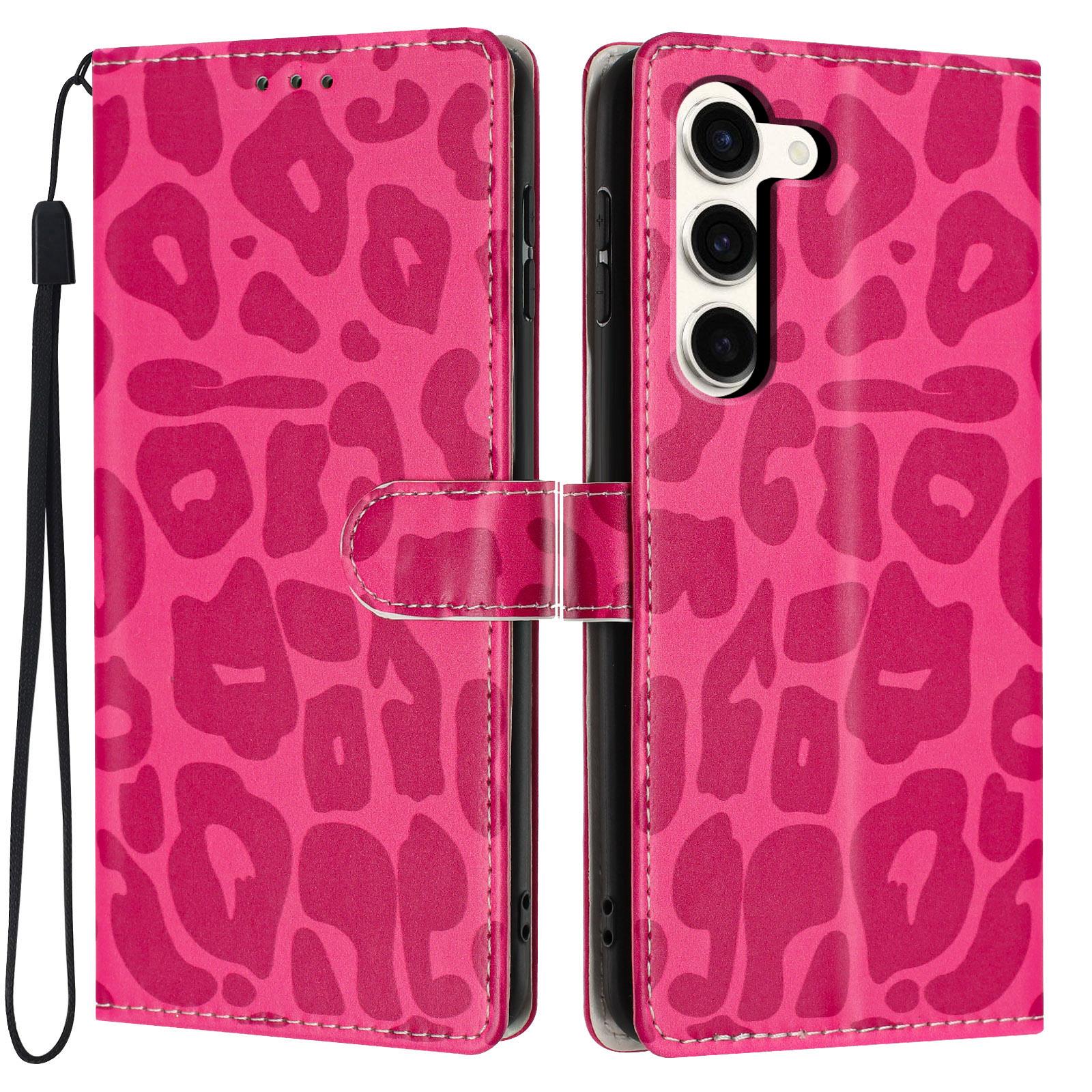 For Galaxy S23 5G Leopard Print Wallet Vegan Leather Phone Case with Lanyard(Rose Red) - Shopkiz.com