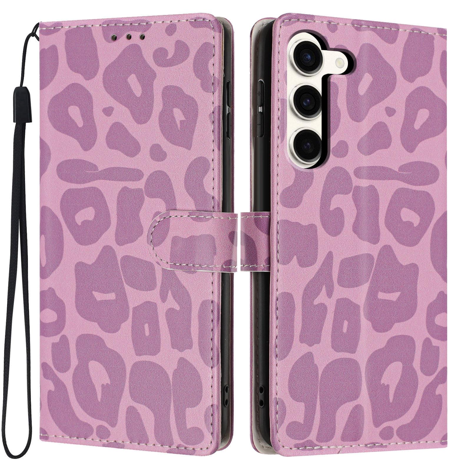 For Galaxy S23 5G Leopard Print Wallet Vegan Leather Phone Case with Lanyard(Light Purple) - Shopkiz.com