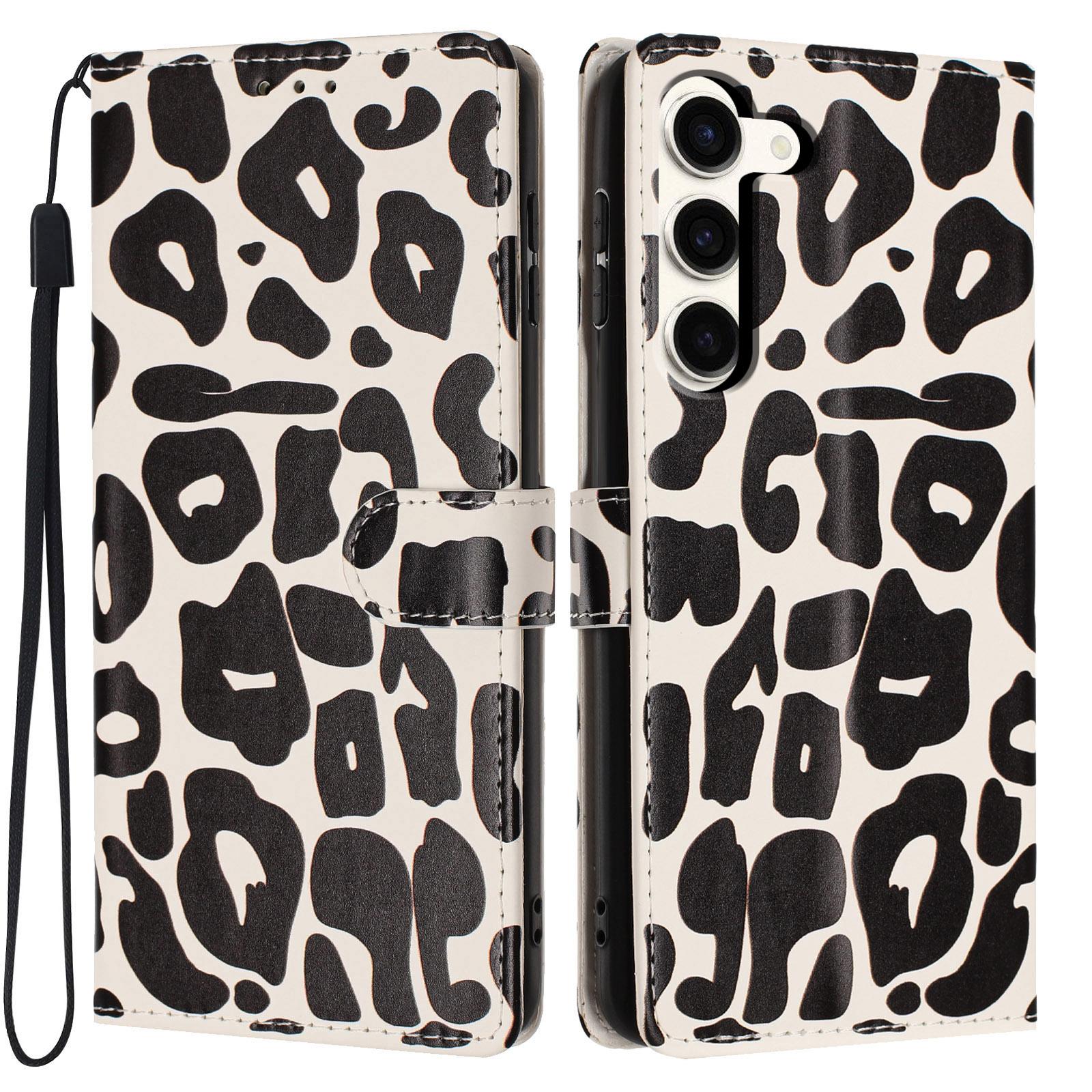 For Galaxy S23+ 5G Leopard Print Wallet Vegan Leather Phone Case with Lanyard(Black) - Shopkiz.com