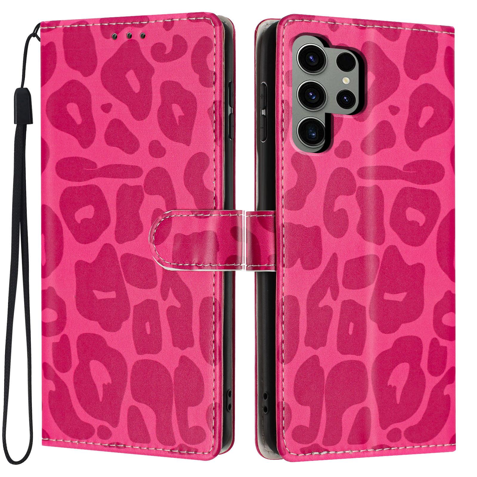 For Galaxy S23 Ultra 5G Leopard Print Wallet Vegan Leather Phone Case with Lanyard(Rose Red) - Shopkiz.com