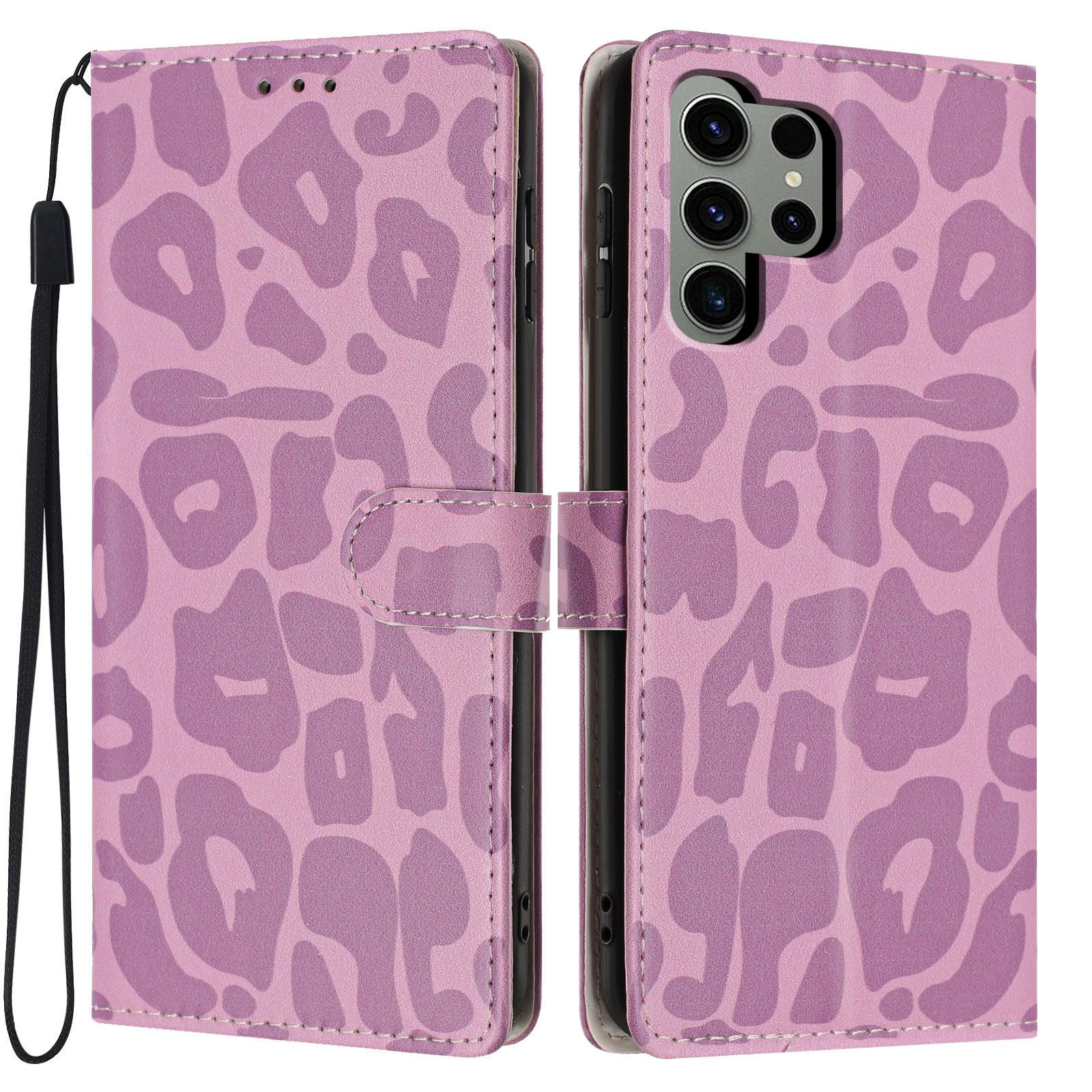 For Galaxy S23 Ultra 5G Leopard Print Wallet Vegan Leather Phone Case with Lanyard(Light Purple) - Shopkiz.com