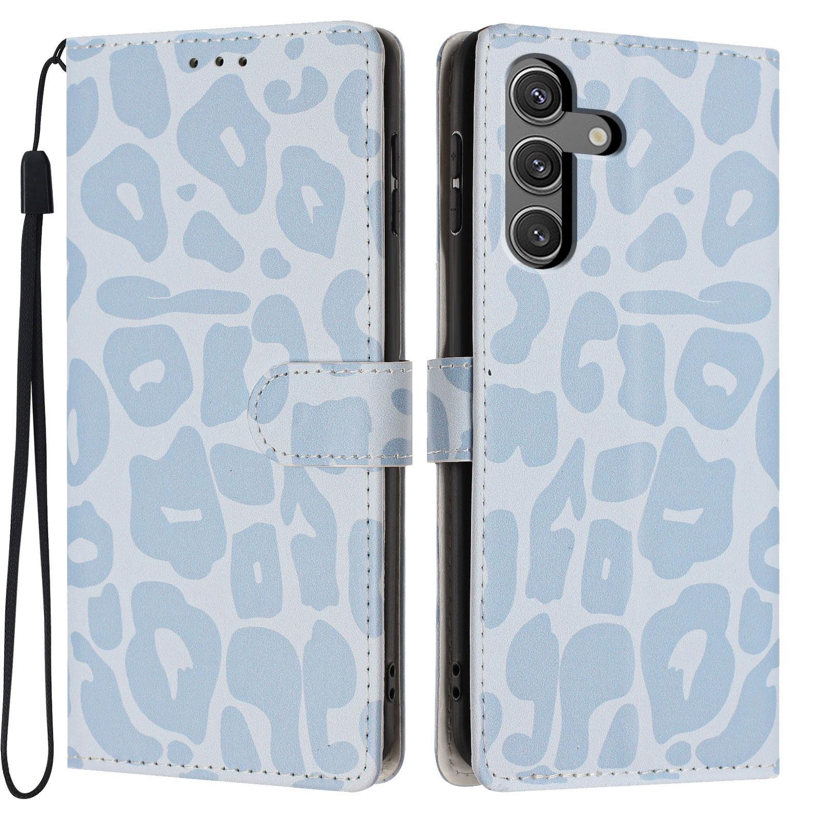 For Galaxy S24 5G Leopard Print Wallet Vegan Leather Phone Case with Lanyard(Sky Blue) - Shopkiz.com