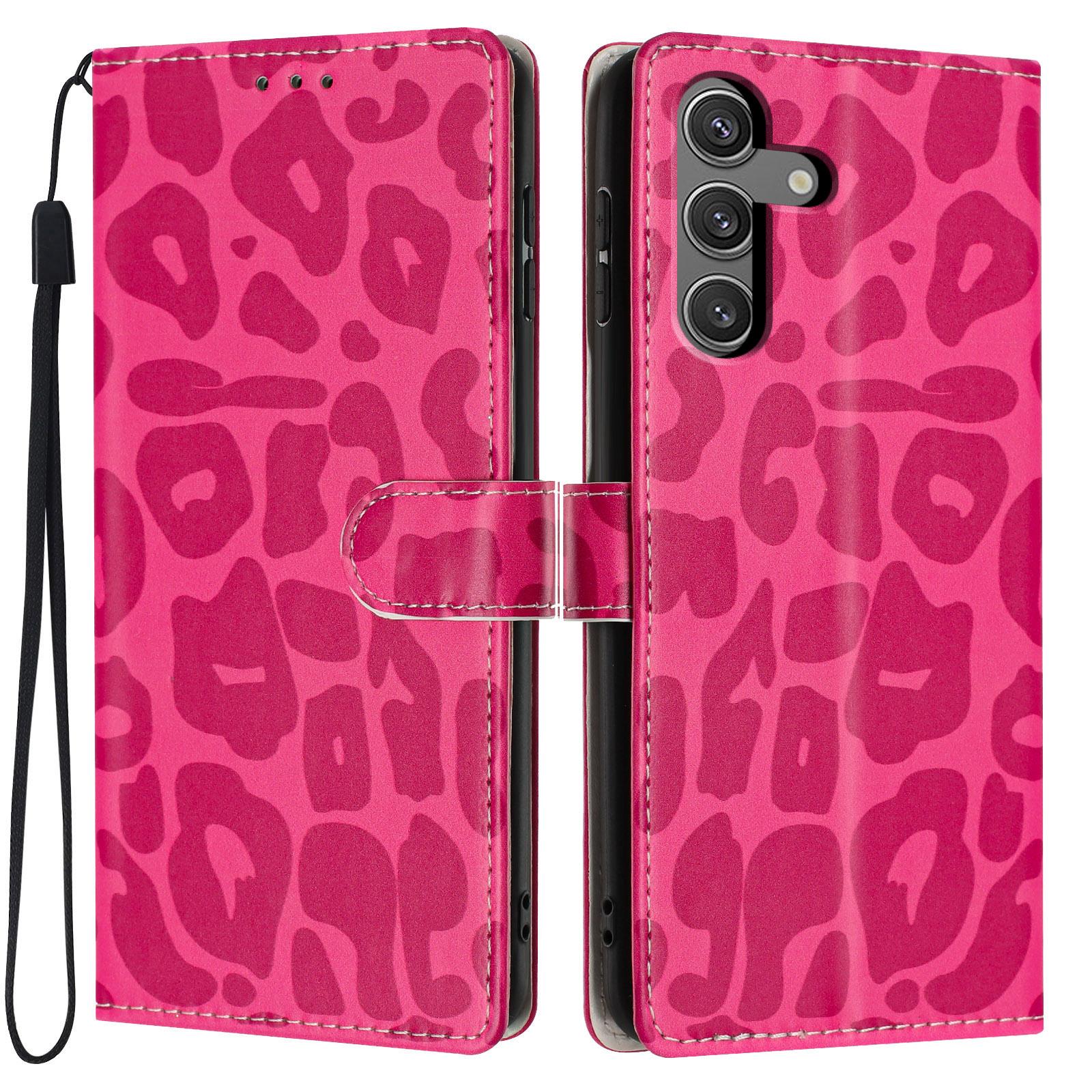 For Galaxy S24 5G Leopard Print Wallet Vegan Leather Phone Case with Lanyard(Rose Red) - Shopkiz.com