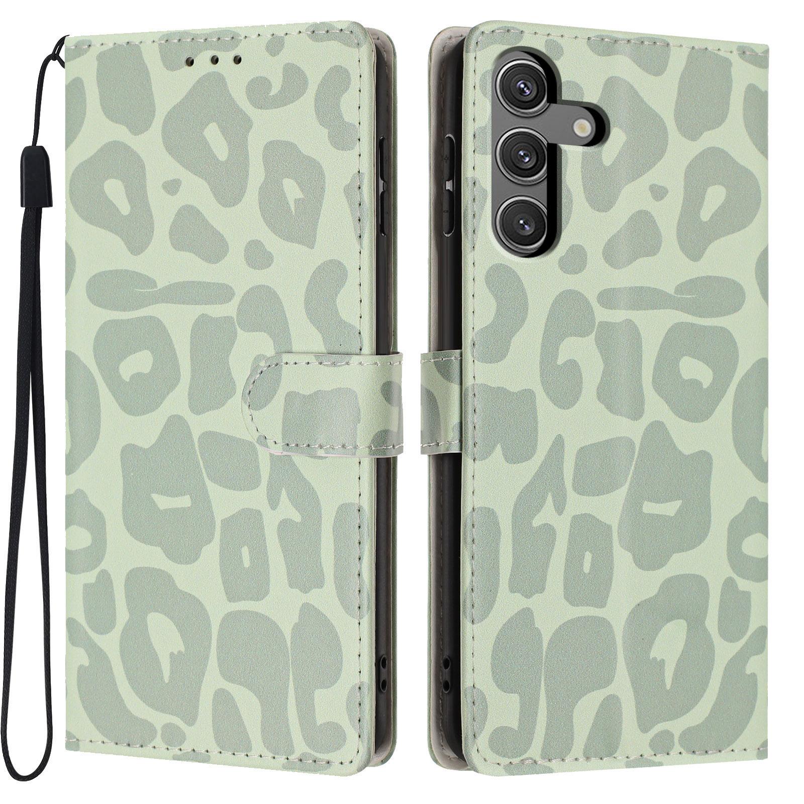 For Galaxy S24 5G Leopard Print Wallet Vegan Leather Phone Case with Lanyard(Light Green) - Shopkiz.com
