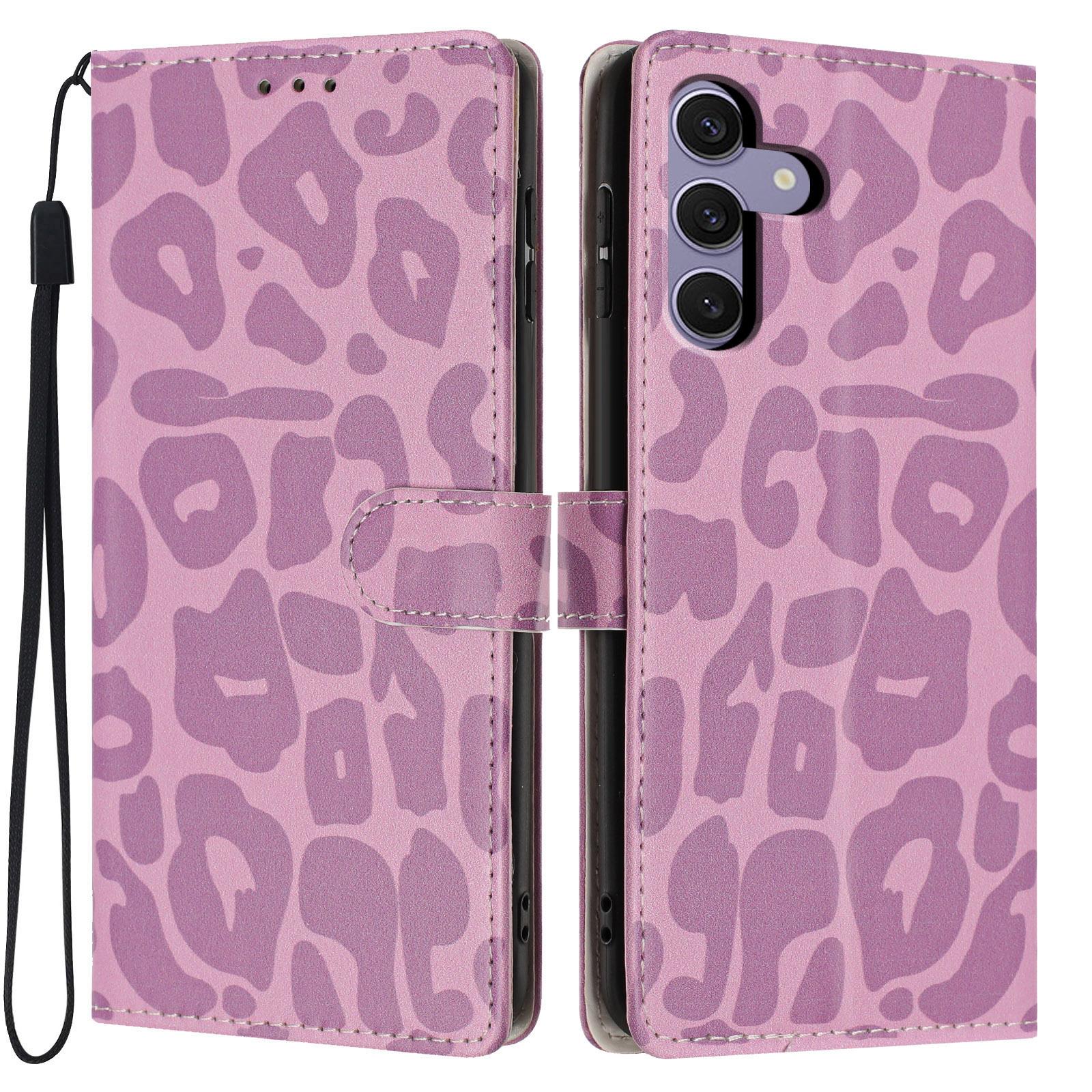 For Galaxy S24+ 5G Leopard Print Wallet Vegan Leather Phone Case with Lanyard(Light Purple) - Shopkiz.com