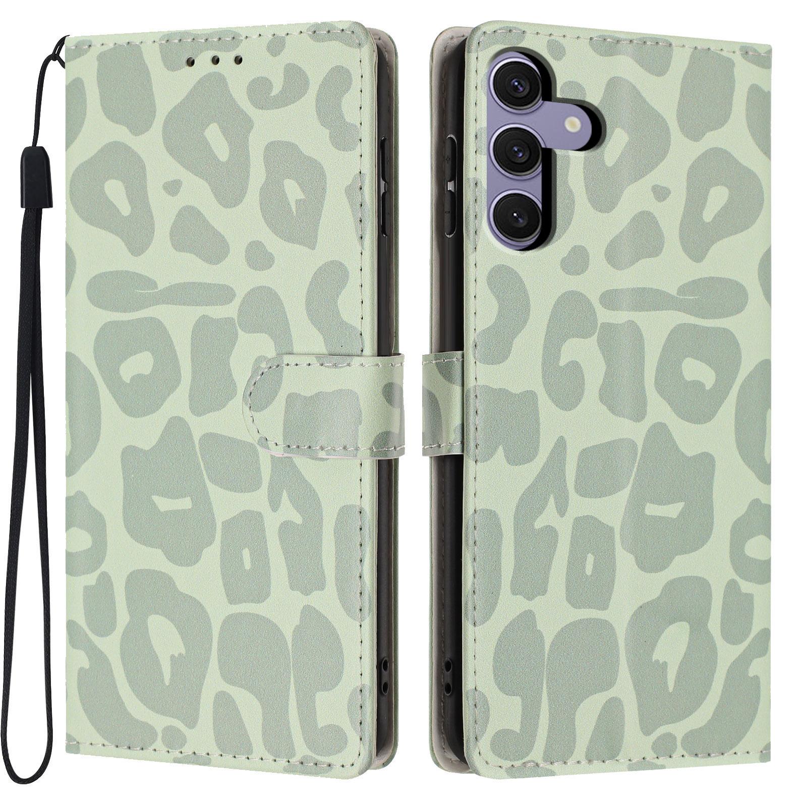 For Galaxy S24+ 5G Leopard Print Wallet Vegan Leather Phone Case with Lanyard(Light Green) - Shopkiz.com