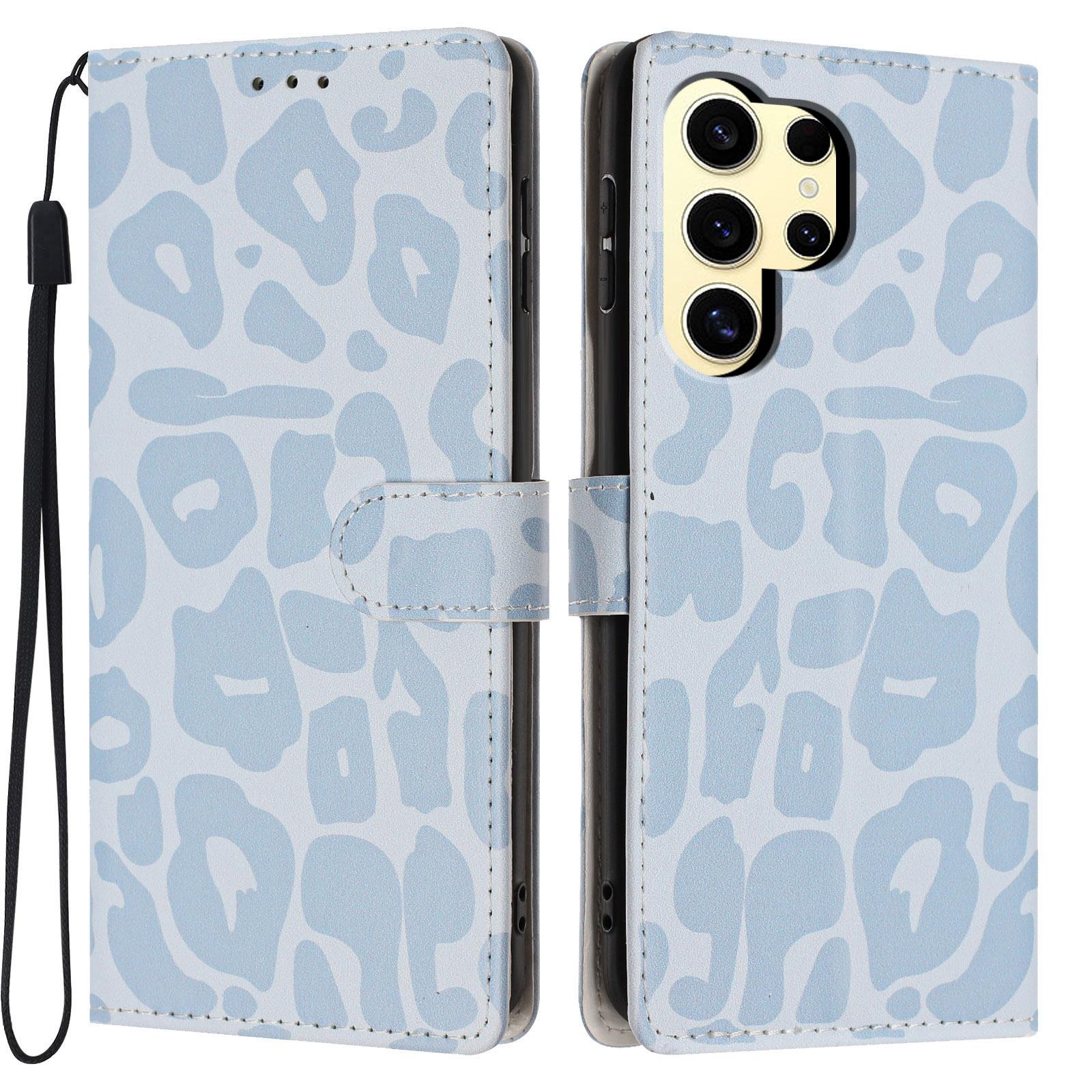 For Galaxy S24 Ultra 5G Leopard Print Wallet Vegan Leather Phone Case with Lanyard(Sky Blue) - Shopkiz.com