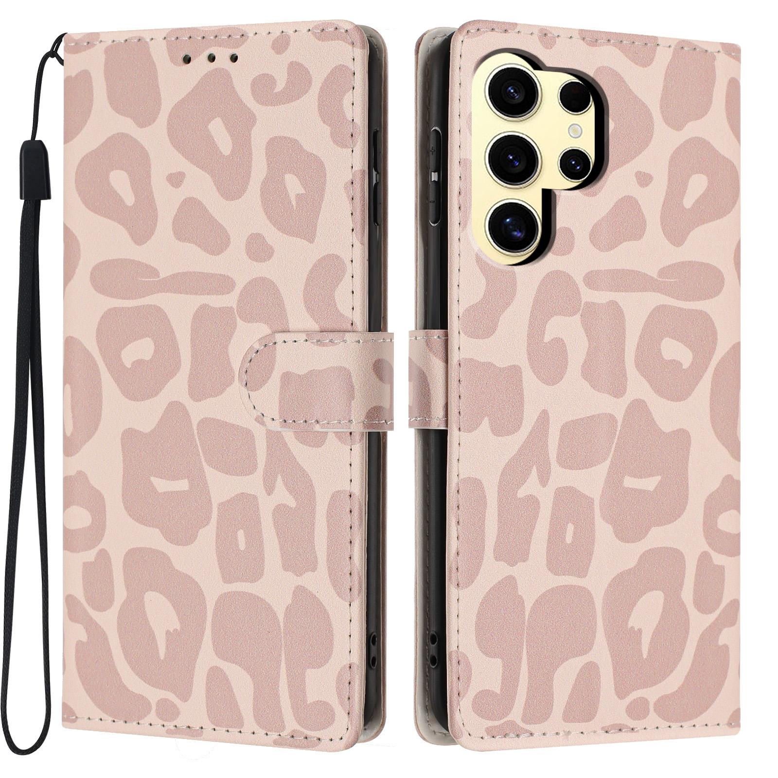 For Galaxy S24 Ultra 5G Leopard Print Wallet Vegan Leather Phone Case with Lanyard(Pink) - Shopkiz.com