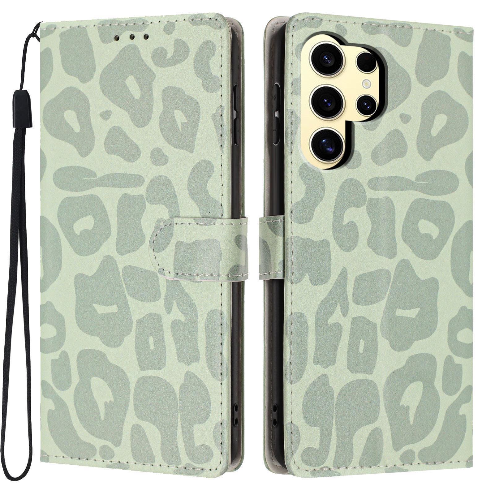 For Galaxy S24 Ultra 5G Leopard Print Wallet Vegan Leather Phone Case with Lanyard(Light Green) - Shopkiz.com