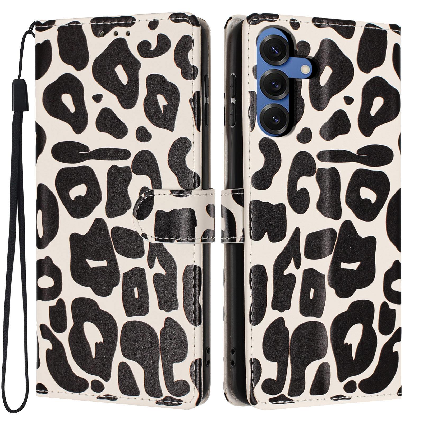 For Galaxy S25 5G Leopard Print Wallet Vegan Leather Phone Case with Lanyard(Black) - Shopkiz.com