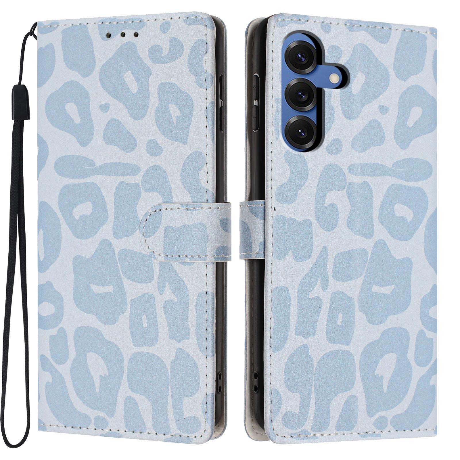 For Galaxy S25 5G Leopard Print Wallet Vegan Leather Phone Case with Lanyard(Sky Blue) - Shopkiz.com