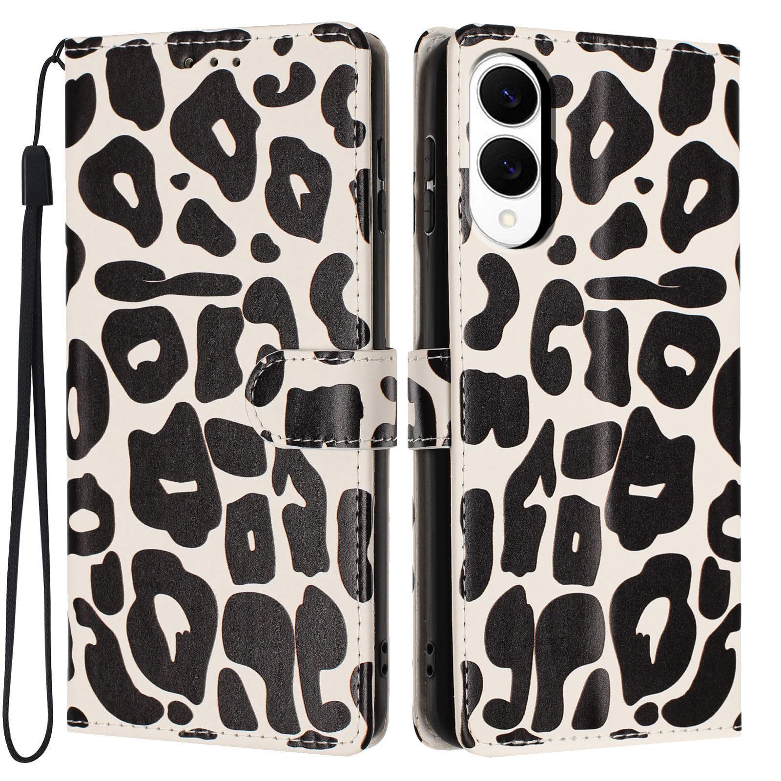 For Galaxy S25 Edge 5G Leopard Print Wallet Vegan Leather Phone Case with Lanyard(Black) - Shopkiz.com