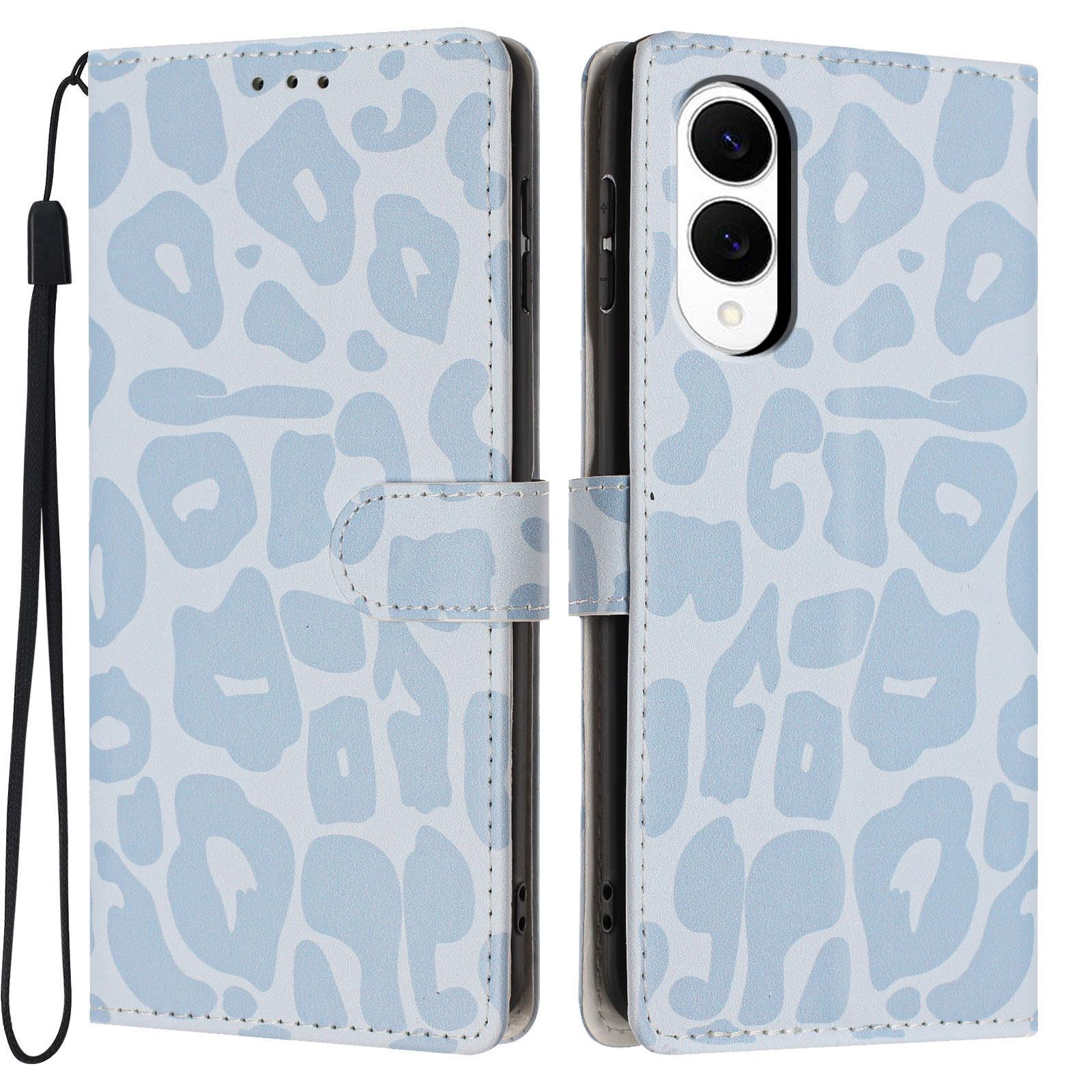 For Galaxy S25 Edge 5G Leopard Print Wallet Vegan Leather Phone Case with Lanyard(Sky Blue) - Shopkiz.com