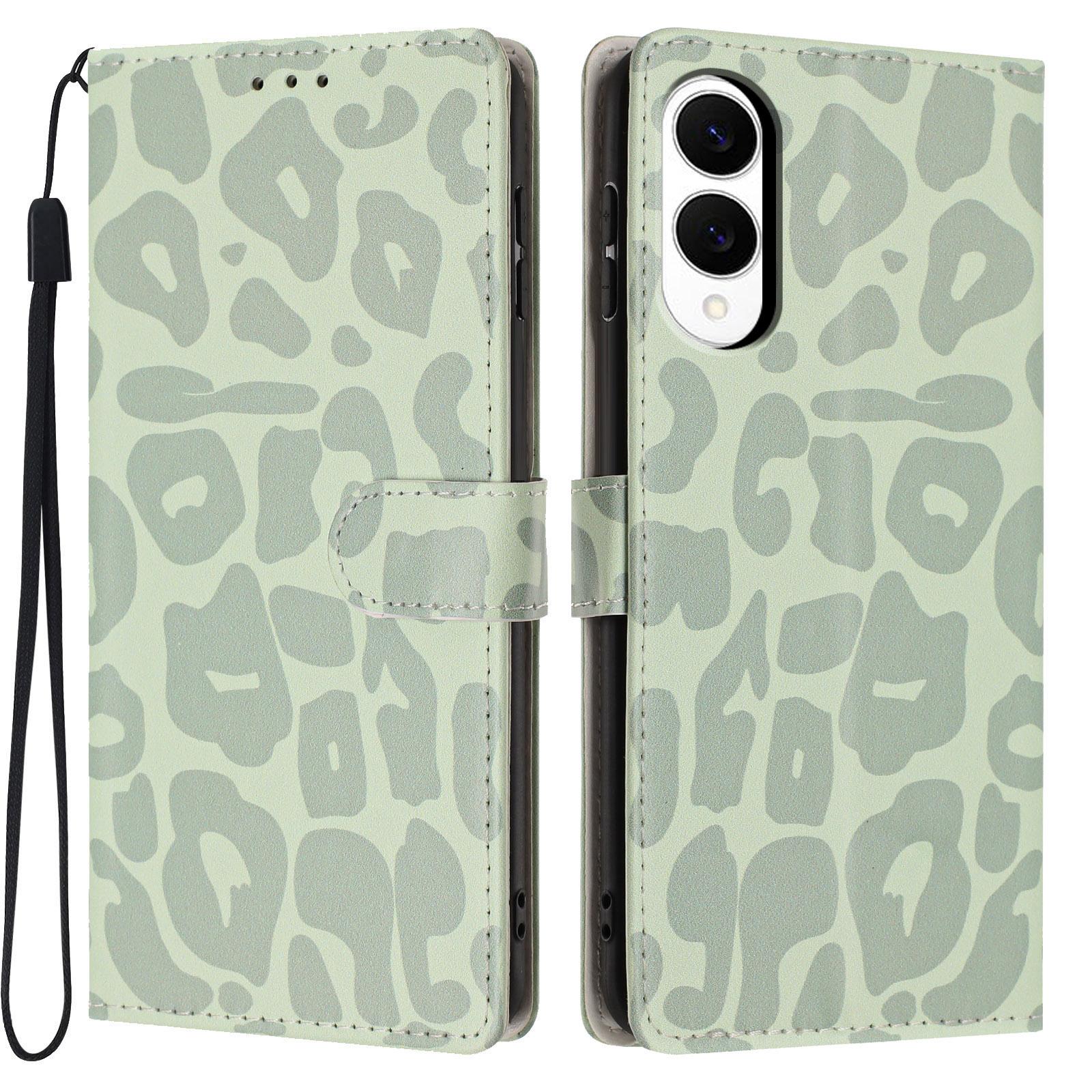 For Galaxy S25 Edge 5G Leopard Print Wallet Vegan Leather Phone Case with Lanyard(Light Green) - Shopkiz.com