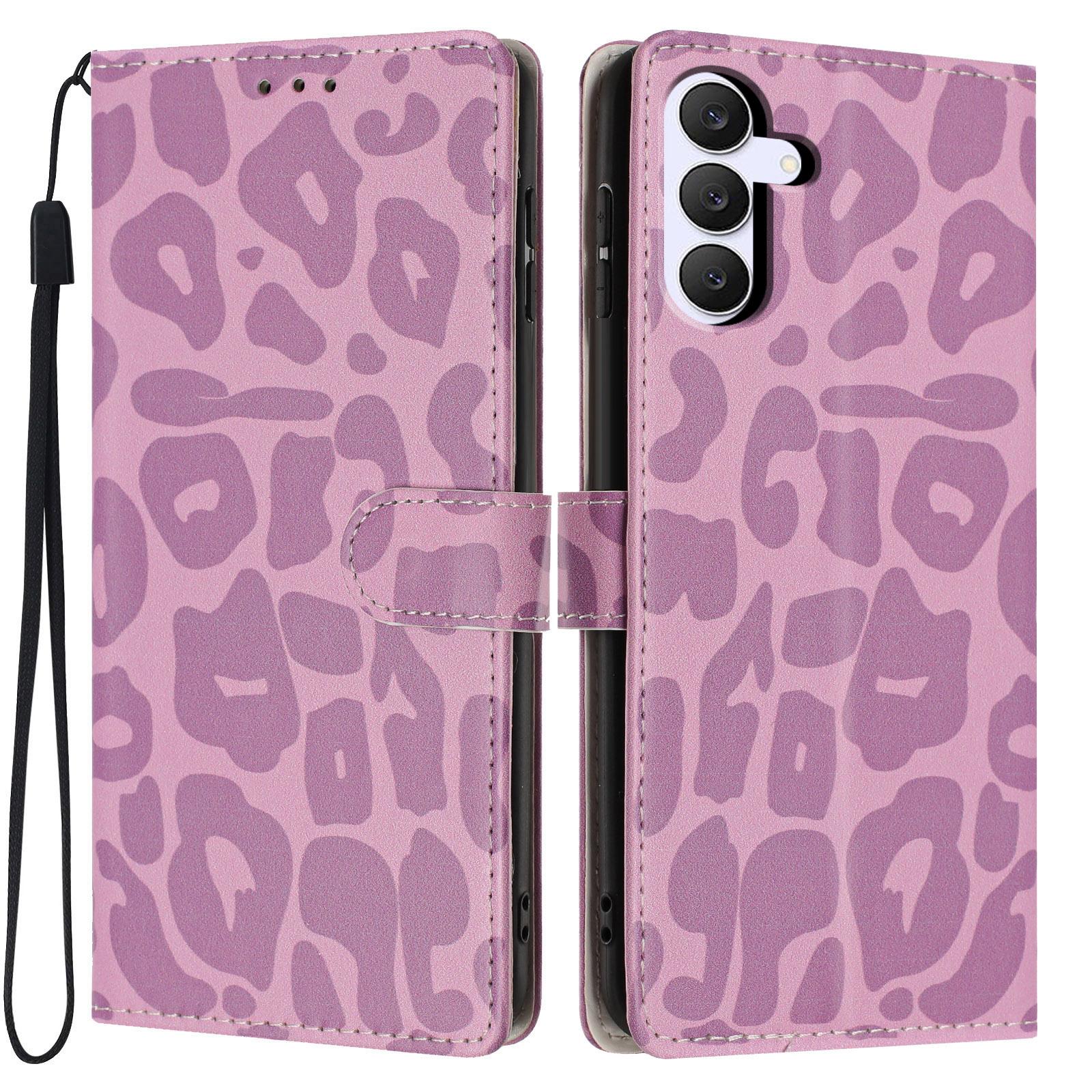 For Galaxy S25 FE 5G Leopard Print Wallet Vegan Leather Phone Case with Lanyard(Light Purple) - Shopkiz.com