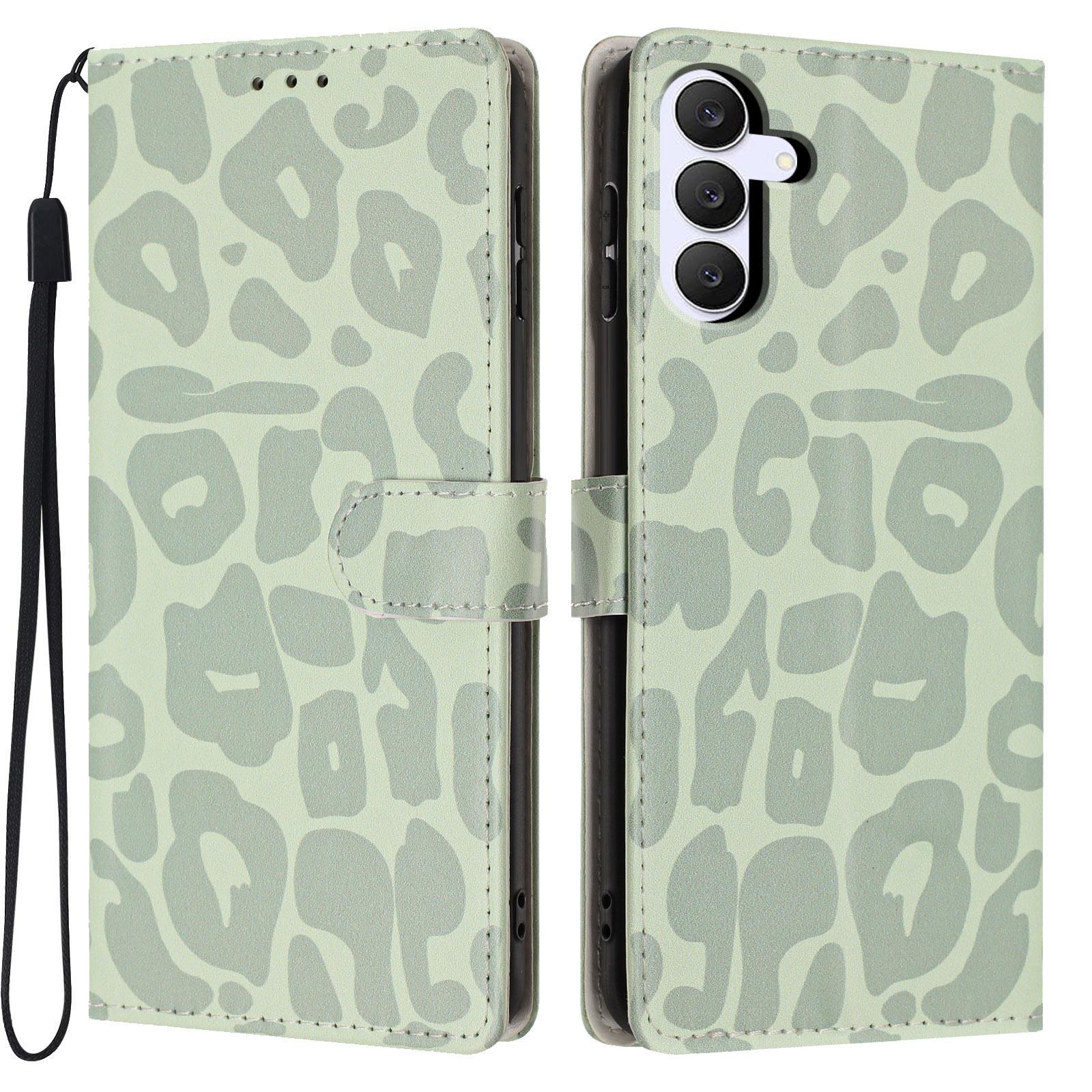 For Galaxy S25 FE 5G Leopard Print Wallet Vegan Leather Phone Case with Lanyard(Light Green) - Shopkiz.com