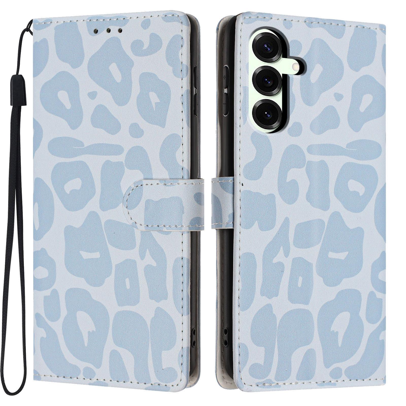For Galaxy S25+ 5G Leopard Print Wallet Vegan Leather Phone Case with Lanyard(Sky Blue) - Shopkiz.com