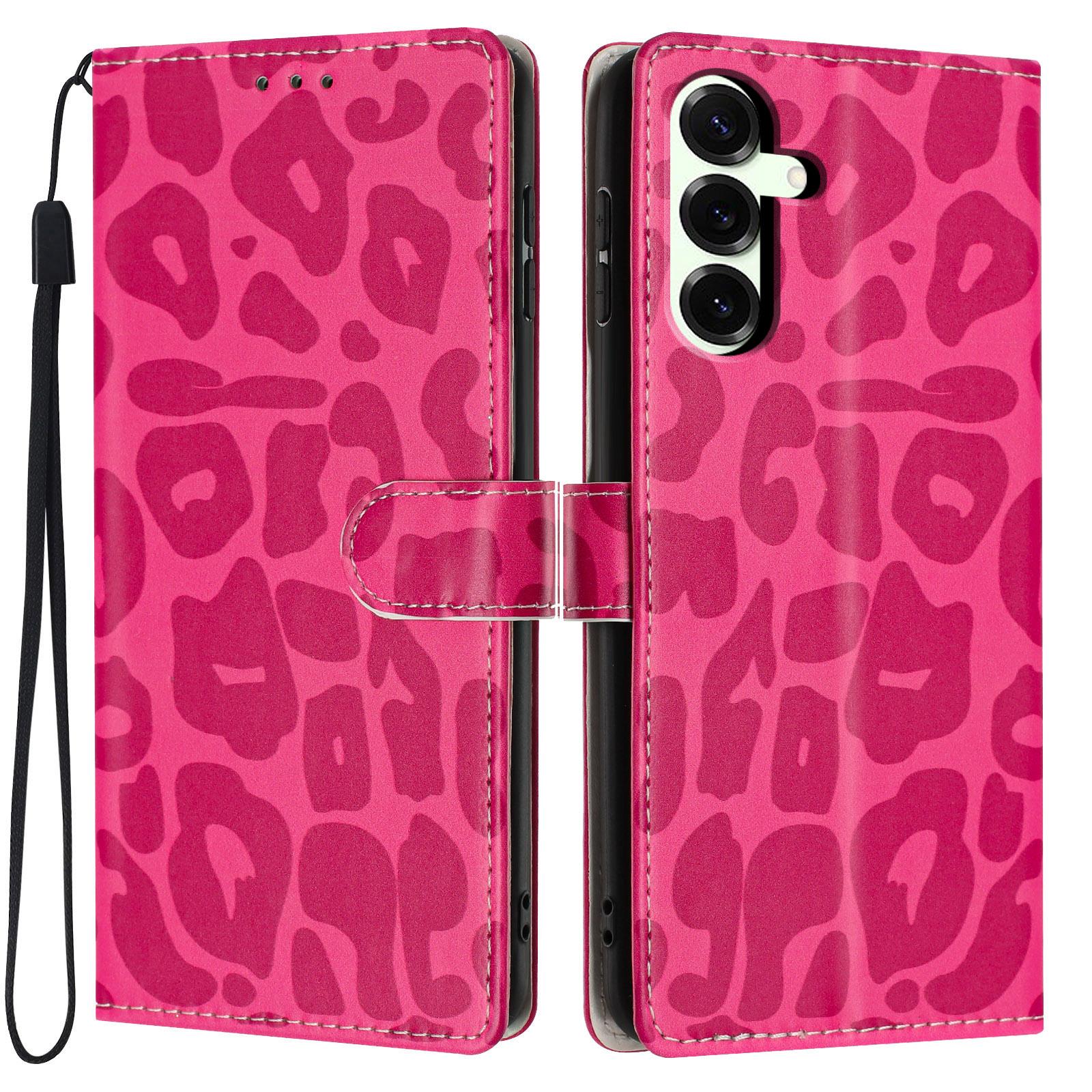 For Galaxy S25+ 5G Leopard Print Wallet Vegan Leather Phone Case with Lanyard(Rose Red) - Shopkiz.com
