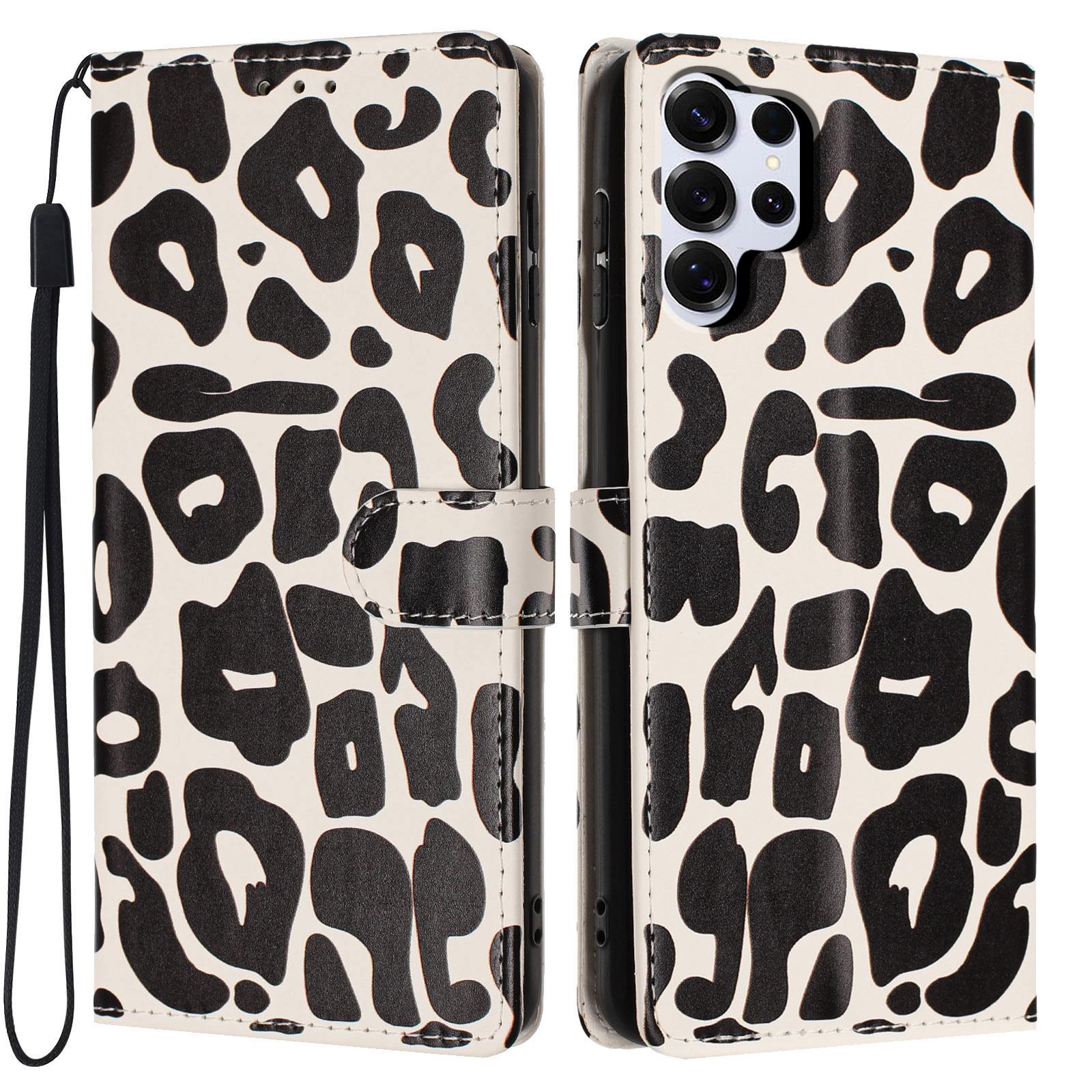 For Galaxy S25 Ultra 5G Leopard Print Wallet Vegan Leather Phone Case with Lanyard(Black) - Shopkiz.com