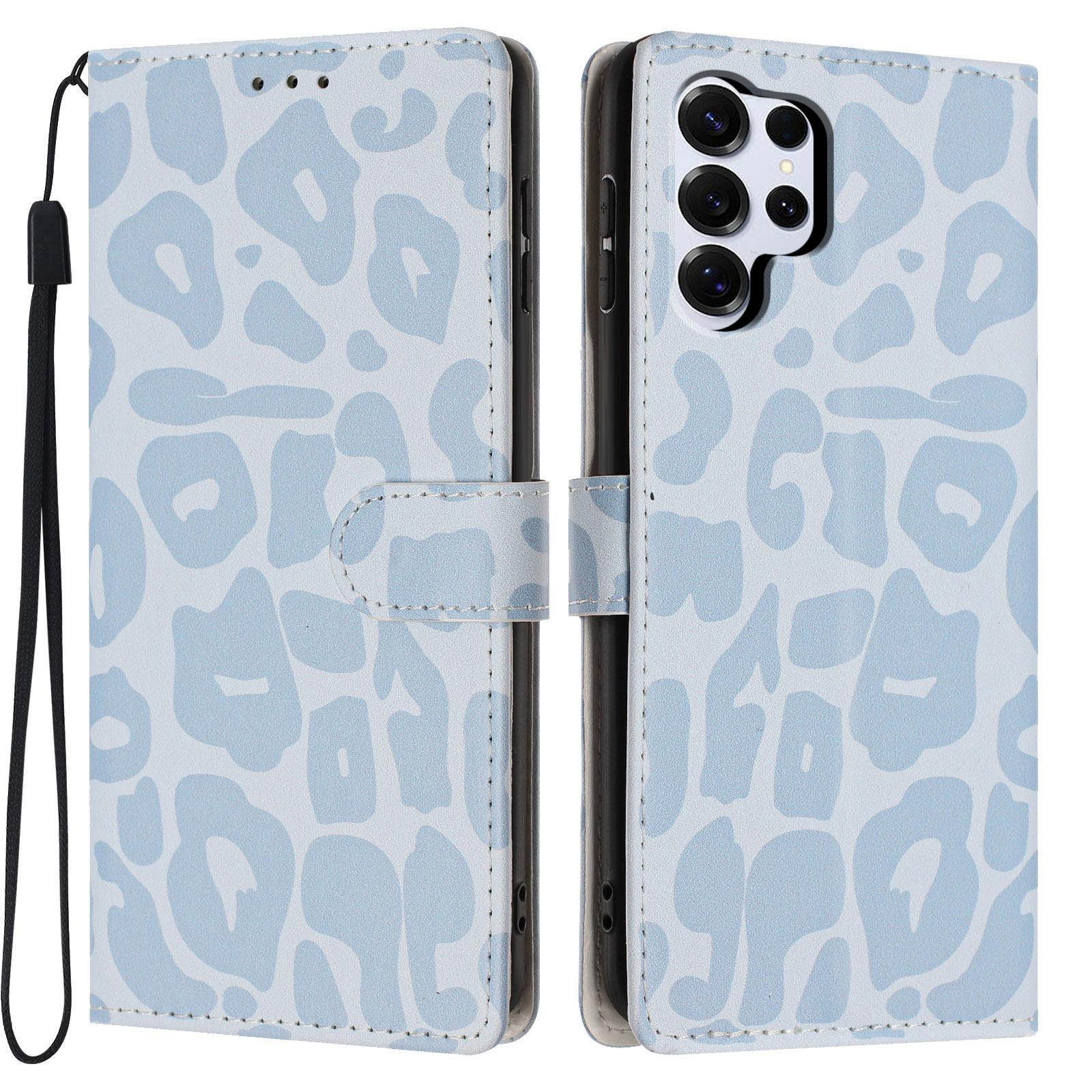 For Galaxy S25 Ultra 5G Leopard Print Wallet Vegan Leather Phone Case with Lanyard(Sky Blue) - Shopkiz.com