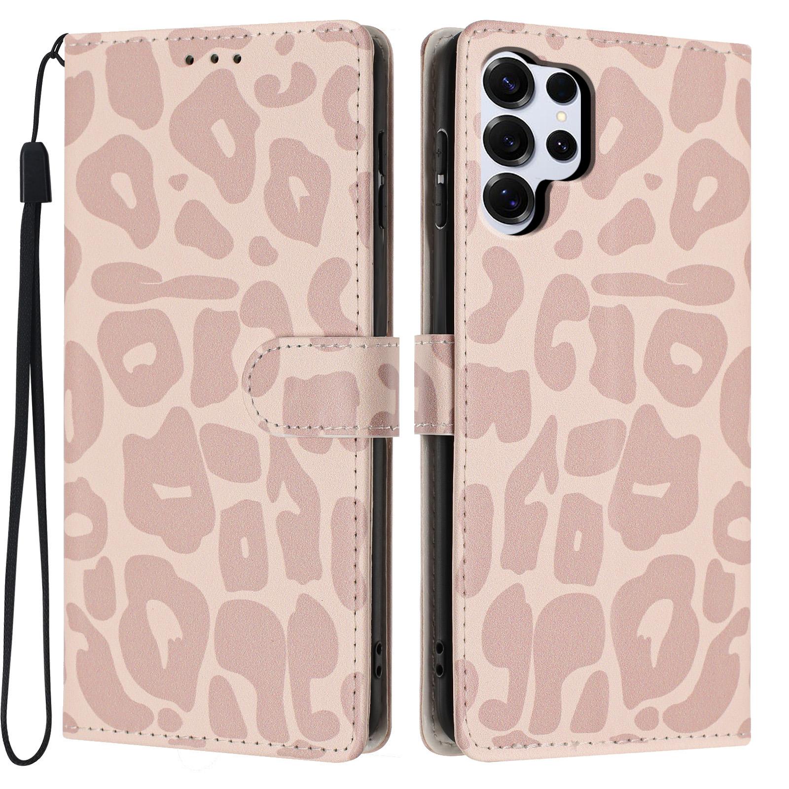 For Galaxy S25 Ultra 5G Leopard Print Wallet Vegan Leather Phone Case with Lanyard(Pink) - Shopkiz.com