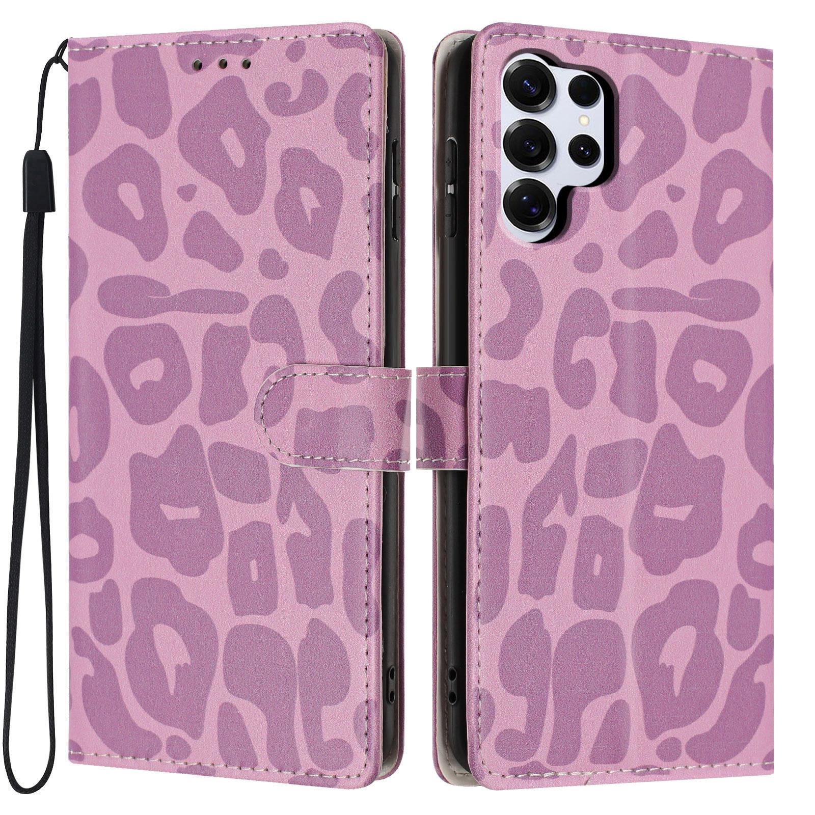 For Galaxy S25 Ultra 5G Leopard Print Wallet Vegan Leather Phone Case with Lanyard(Light Purple) - Shopkiz.com