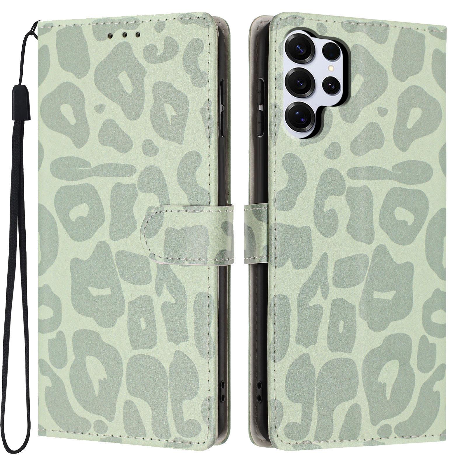 For Galaxy S25 Ultra 5G Leopard Print Wallet Vegan Leather Phone Case with Lanyard(Light Green) - Shopkiz.com