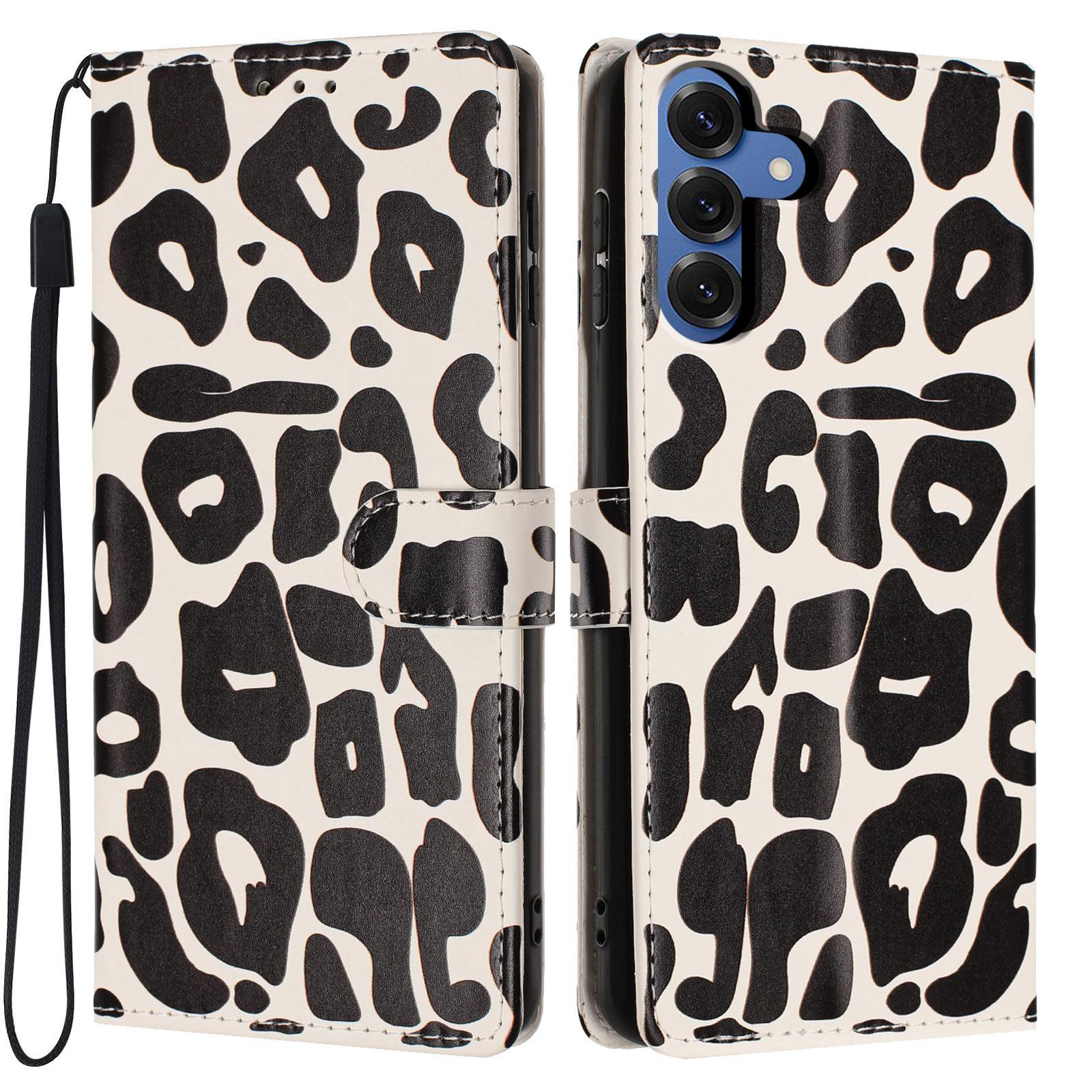 For Galaxy S26 5G Leopard Print Wallet Vegan Leather Phone Case with Lanyard(Black) - Shopkiz.com