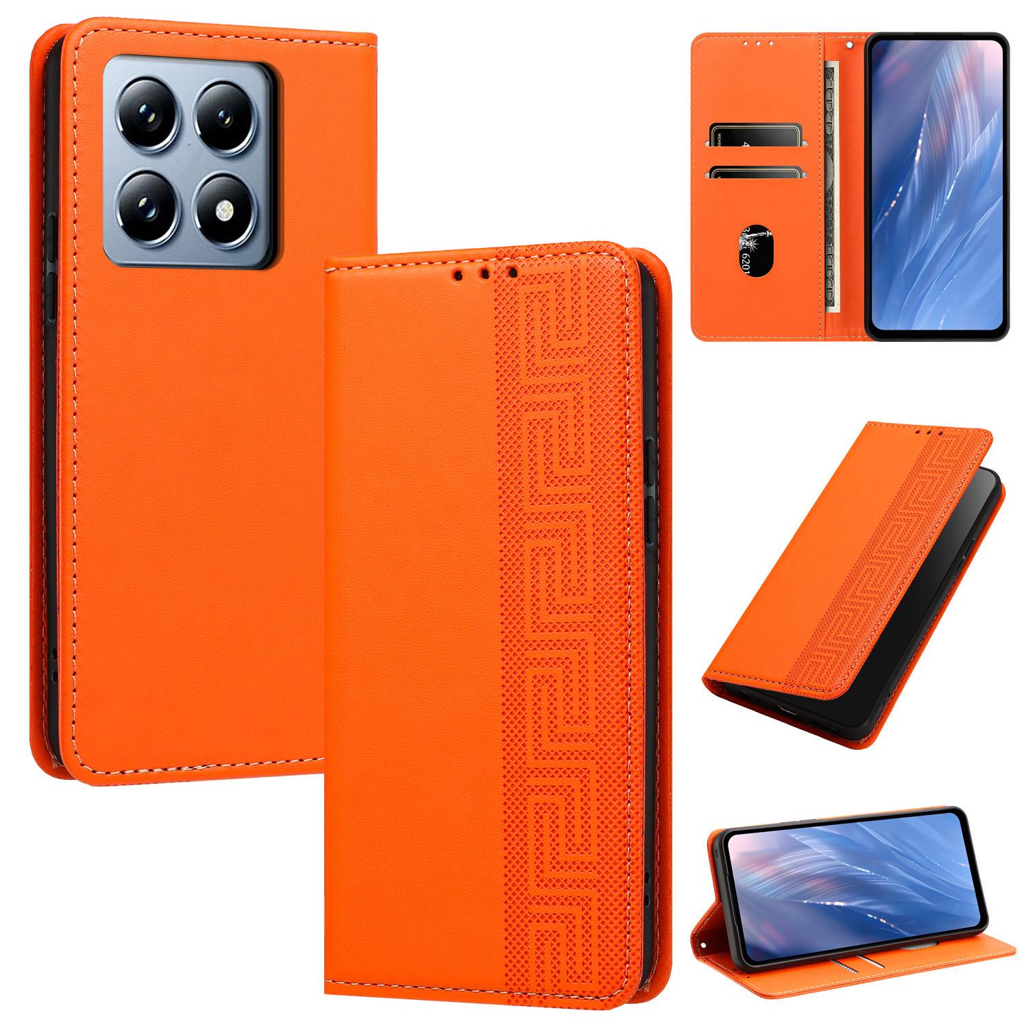 For Xiaomi 14T Pro 5G Global Embossed Meander Pattern RFID Vegan Leather Phone Case(Orange) - Shopkiz.com
