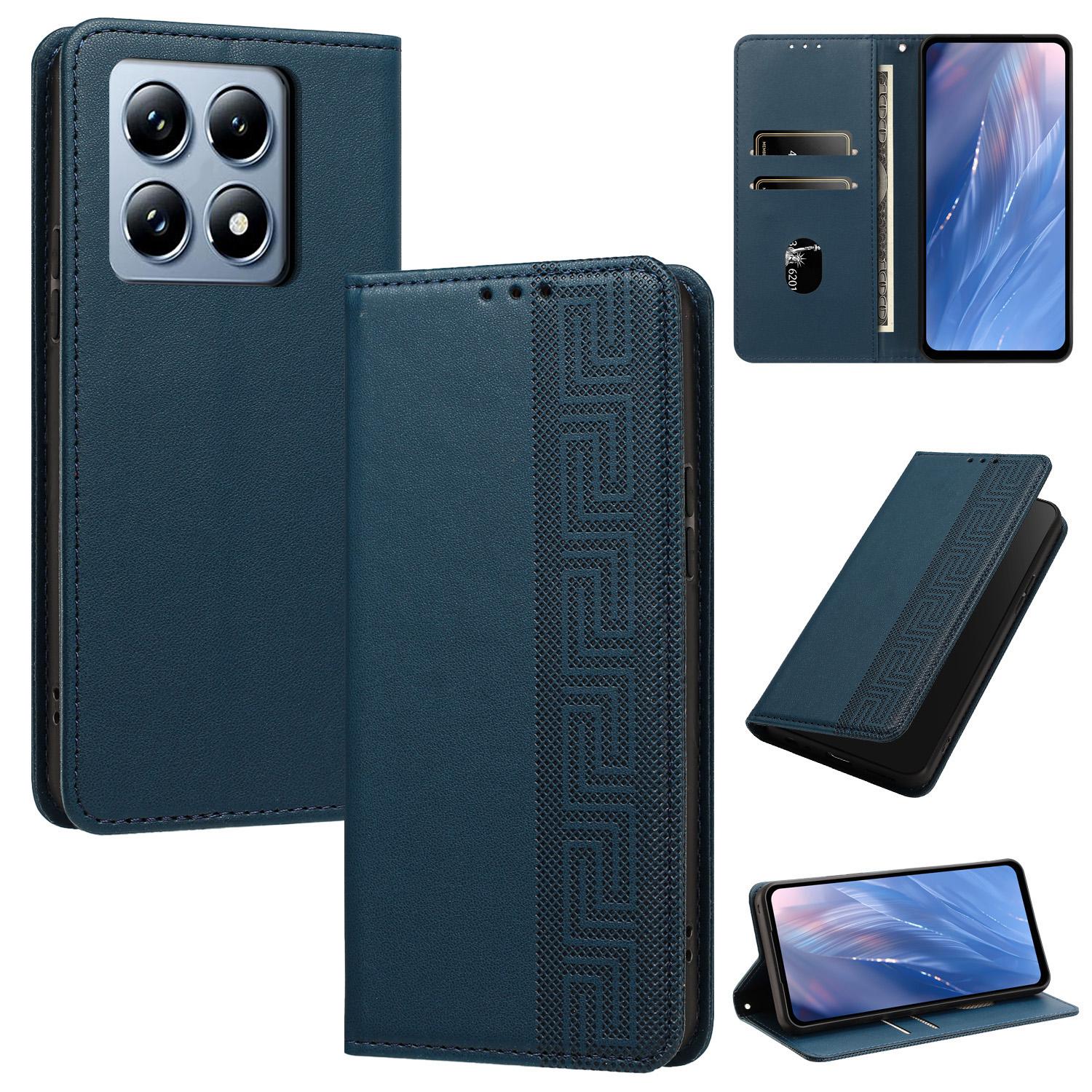 For Xiaomi 14T Pro 5G Global Embossed Meander Pattern RFID Vegan Leather Phone Case(Dark Blue) - Shopkiz.com