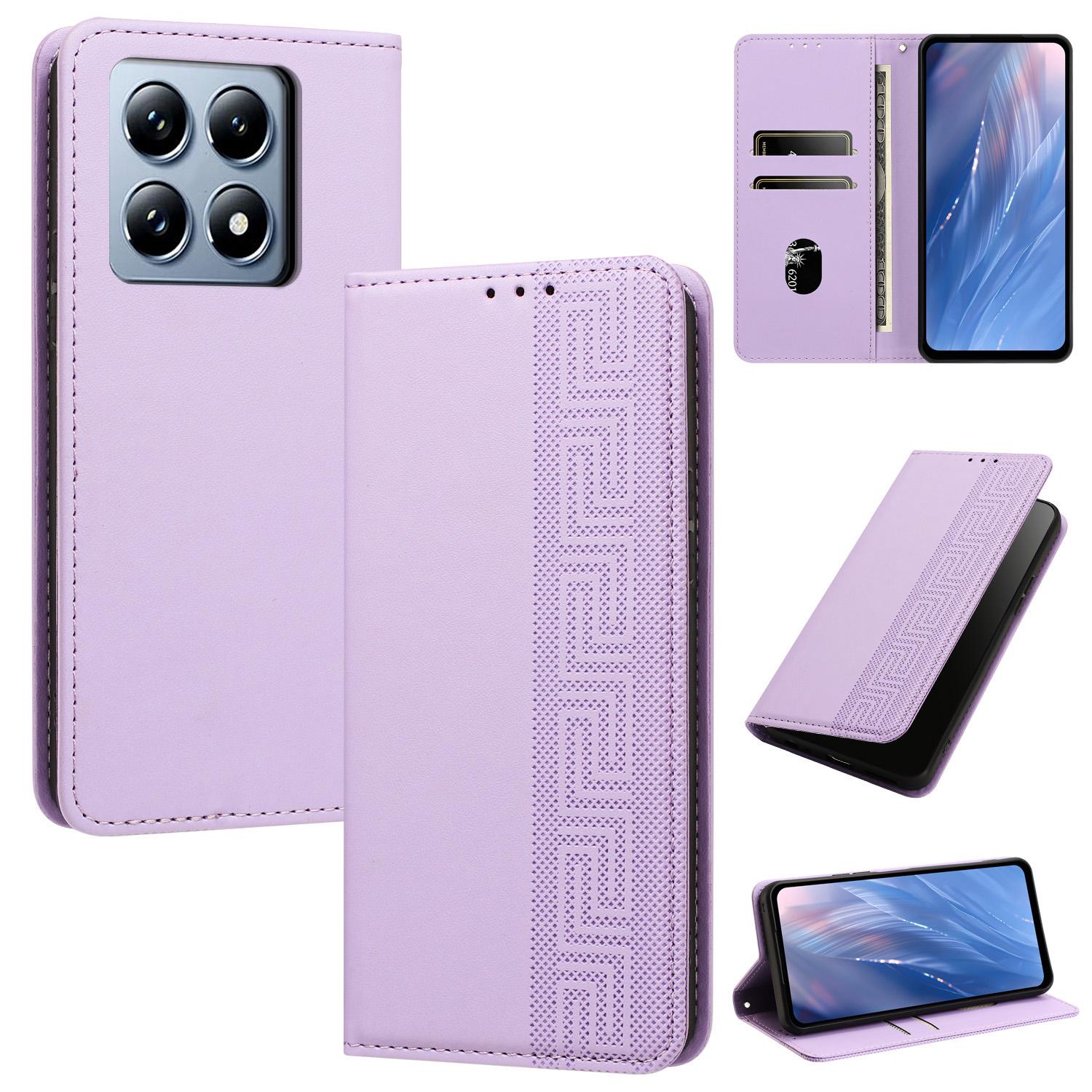 For Xiaomi 14T 5G Global Embossed Meander Pattern RFID Vegan Leather Phone Case(Light Purple) - Shopkiz.com
