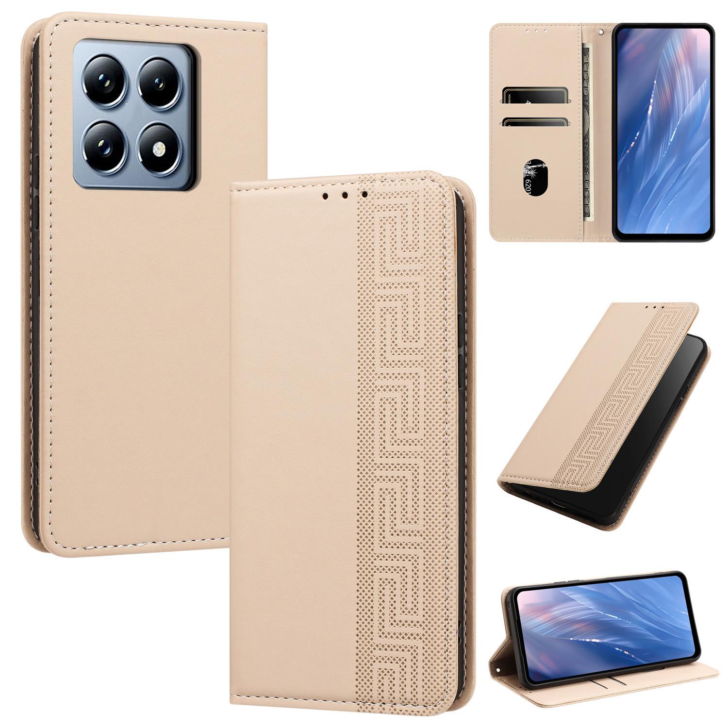 For Xiaomi 14T 5G Global Embossed Meander Pattern RFID Vegan Leather Phone Case(Beige) - Shopkiz.com