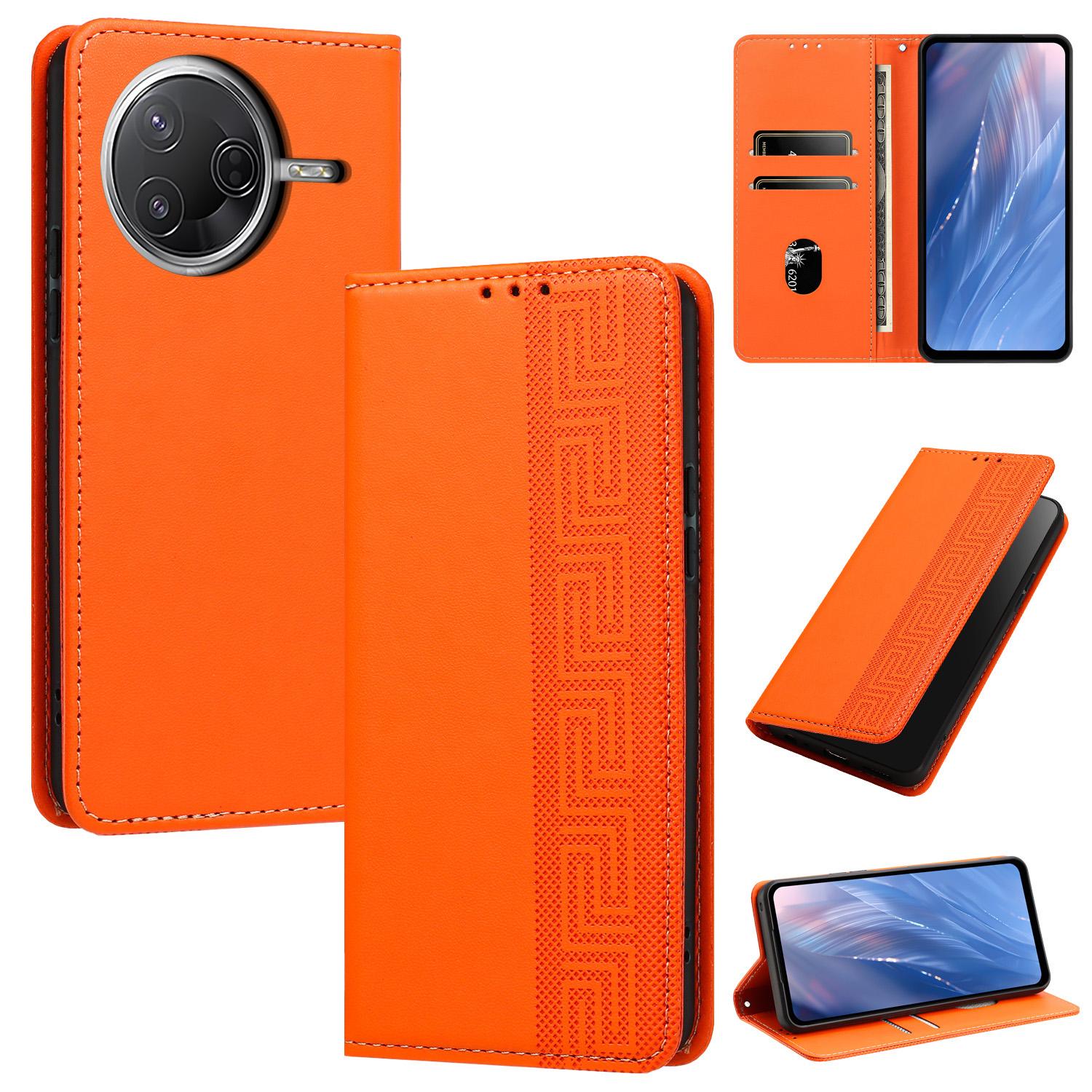 For Xiaomi Poco F7 Pro / Redmi K80 Embossed Meander Pattern RFID Vegan Leather Phone Case(Orange) - Shopkiz.com