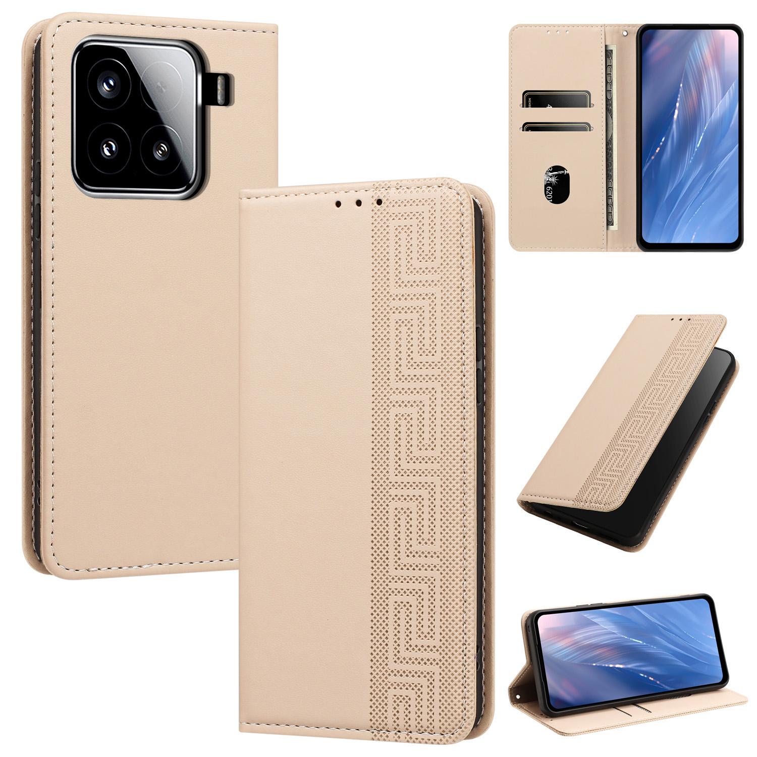 For Xiaomi 15 5G Embossed Meander Pattern RFID Vegan Leather Phone Case(Beige) - Shopkiz.com