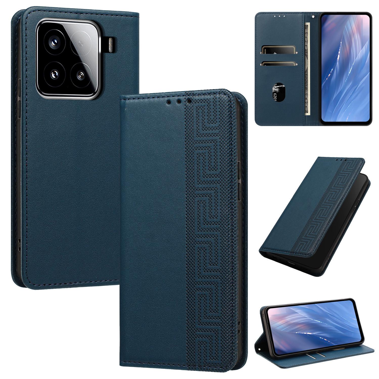 For Xiaomi 15 5G Embossed Meander Pattern RFID Vegan Leather Phone Case(Dark Blue) - Shopkiz.com