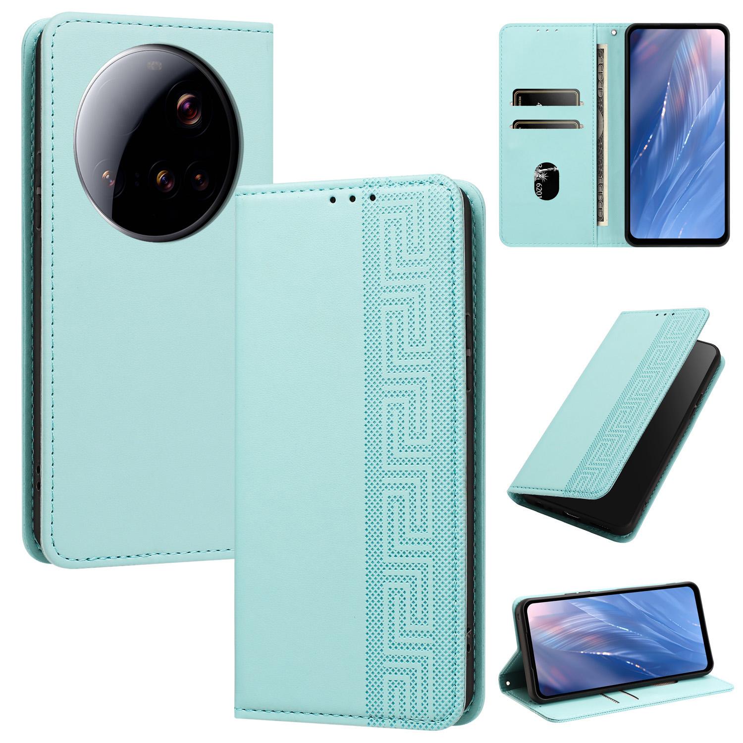 For Xiaomi 15 Ultra 5G Embossed Meander Pattern RFID Vegan Leather Phone Case(Mint Green) - Shopkiz.com