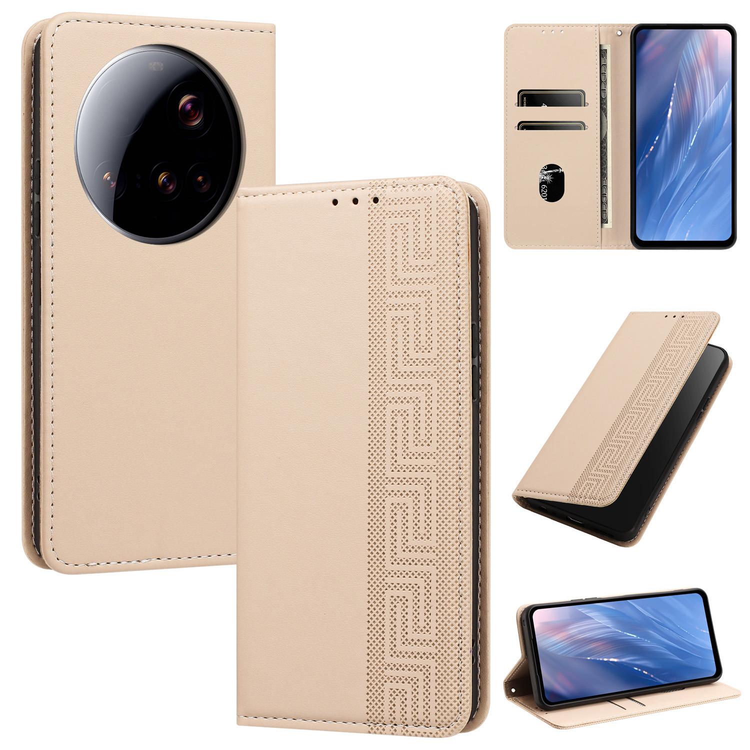 For Xiaomi 15 Ultra 5G Embossed Meander Pattern RFID Vegan Leather Phone Case(Beige) - Shopkiz.com