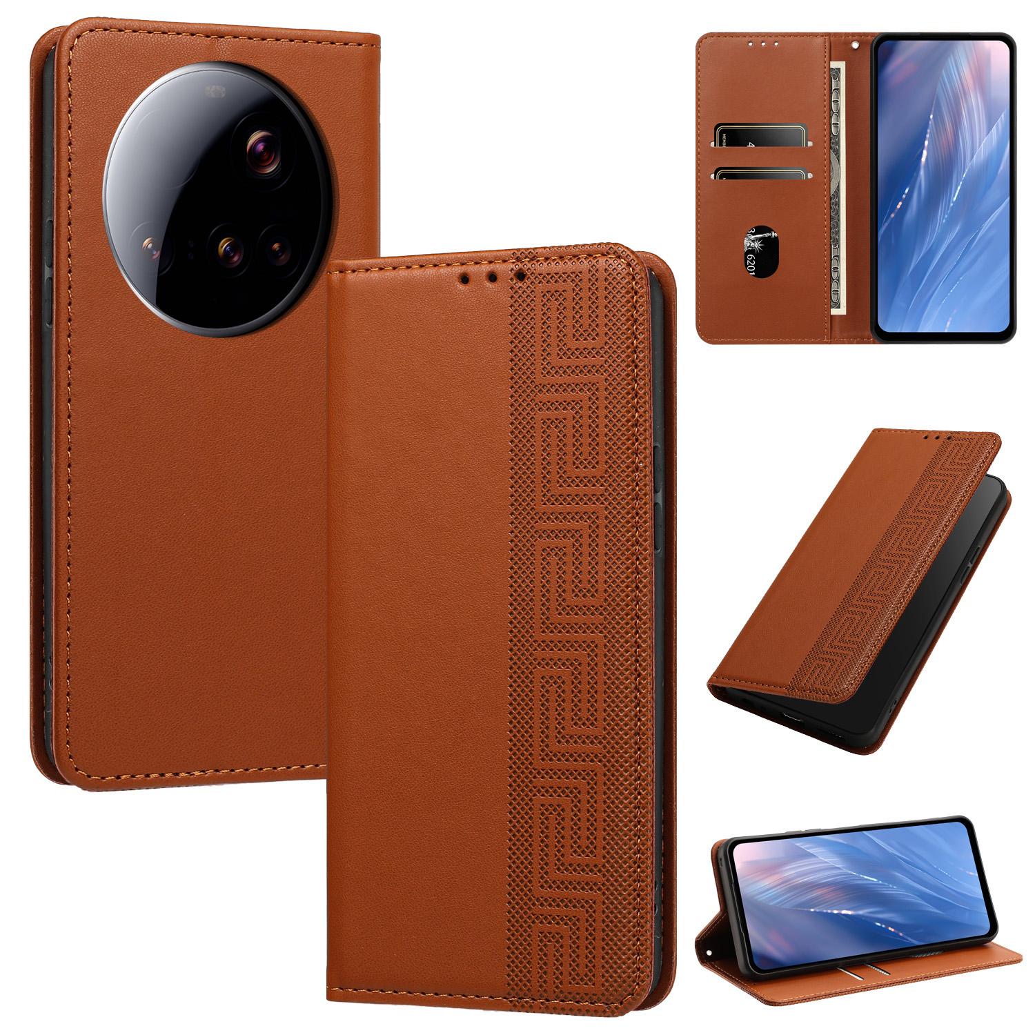 For Xiaomi 15 Ultra 5G Embossed Meander Pattern RFID Vegan Leather Phone Case(Brown) - Shopkiz.com