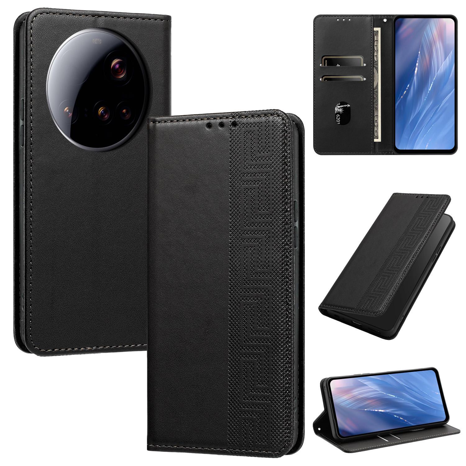 For Xiaomi 15 Ultra 5G Embossed Meander Pattern RFID Vegan Leather Phone Case(Black) - Shopkiz.com