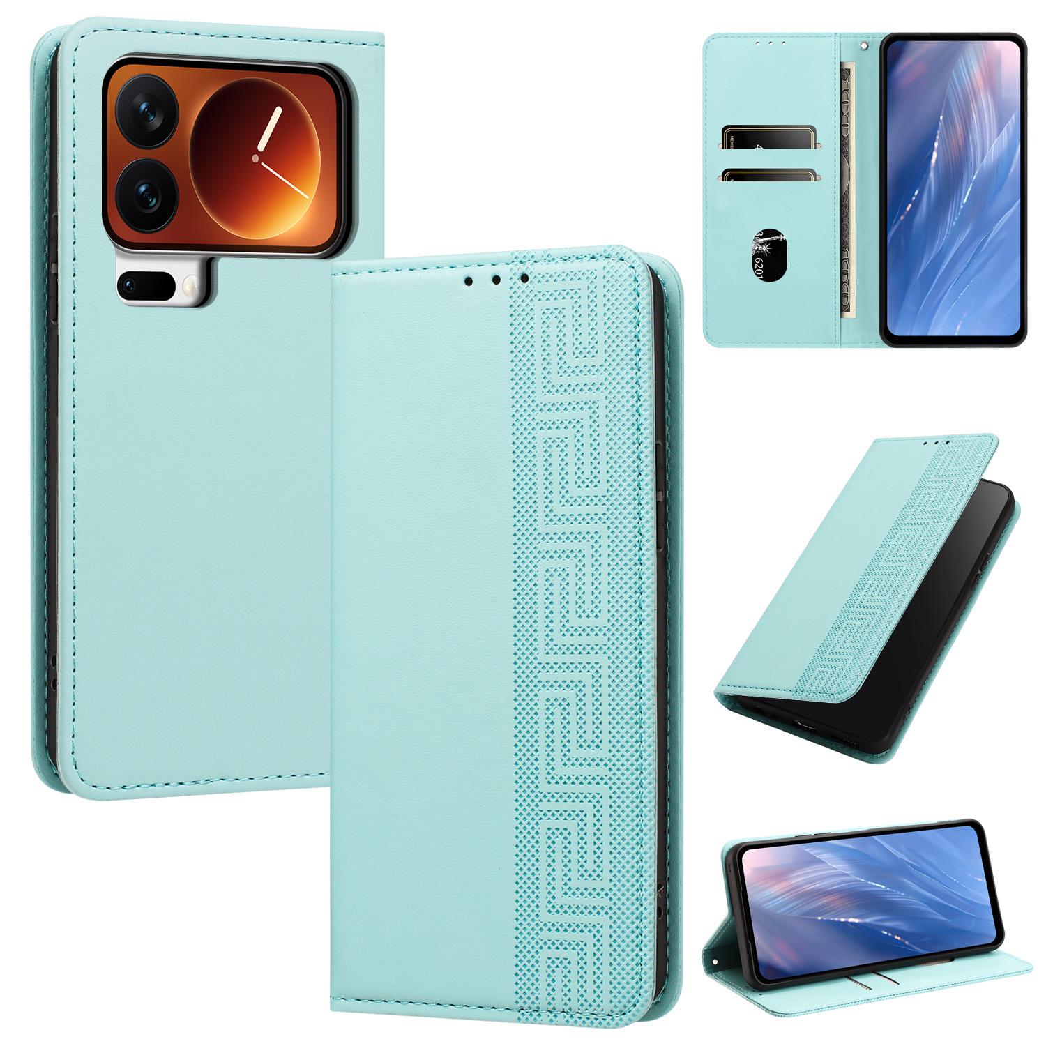 For Xiaomi 17 Pro Max 5G Embossed Meander Pattern RFID Vegan Leather Phone Case(Mint Green) - Shopkiz.com
