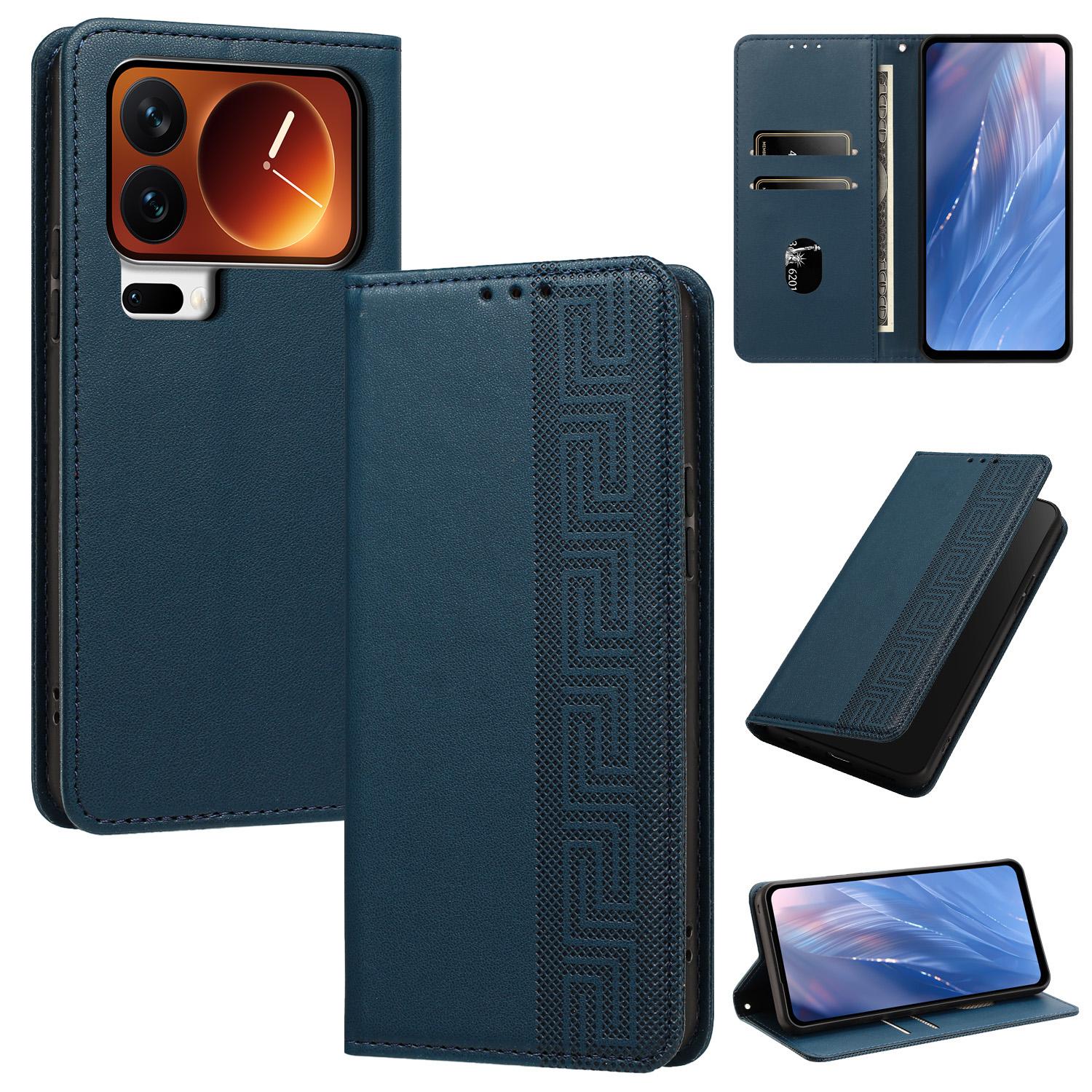 For Xiaomi 17 Pro Max 5G Embossed Meander Pattern RFID Vegan Leather Phone Case(Dark Blue) - Shopkiz.com