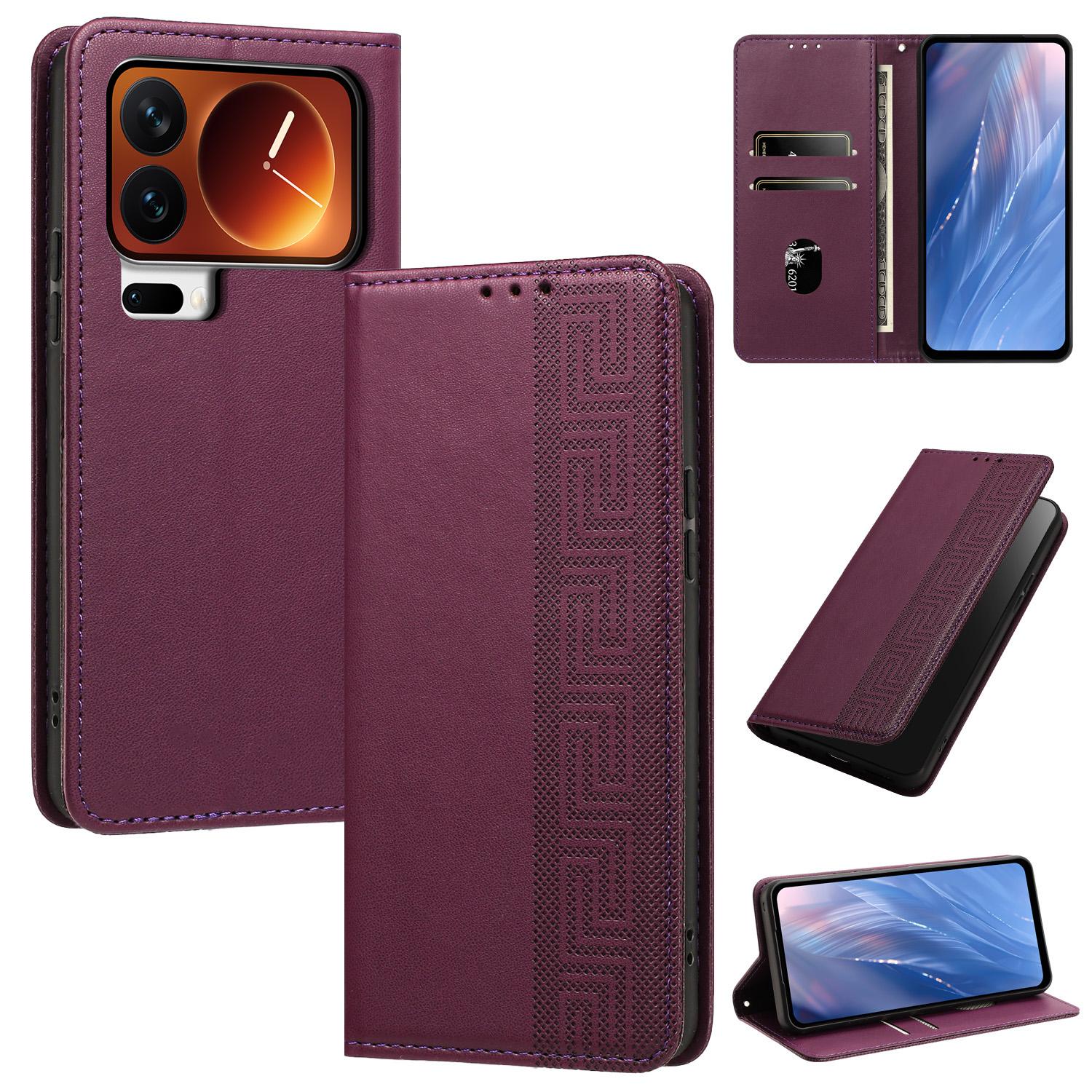 For Xiaomi 17 Pro Max 5G Embossed Meander Pattern RFID Vegan Leather Phone Case(Dark Purple) - Shopkiz.com