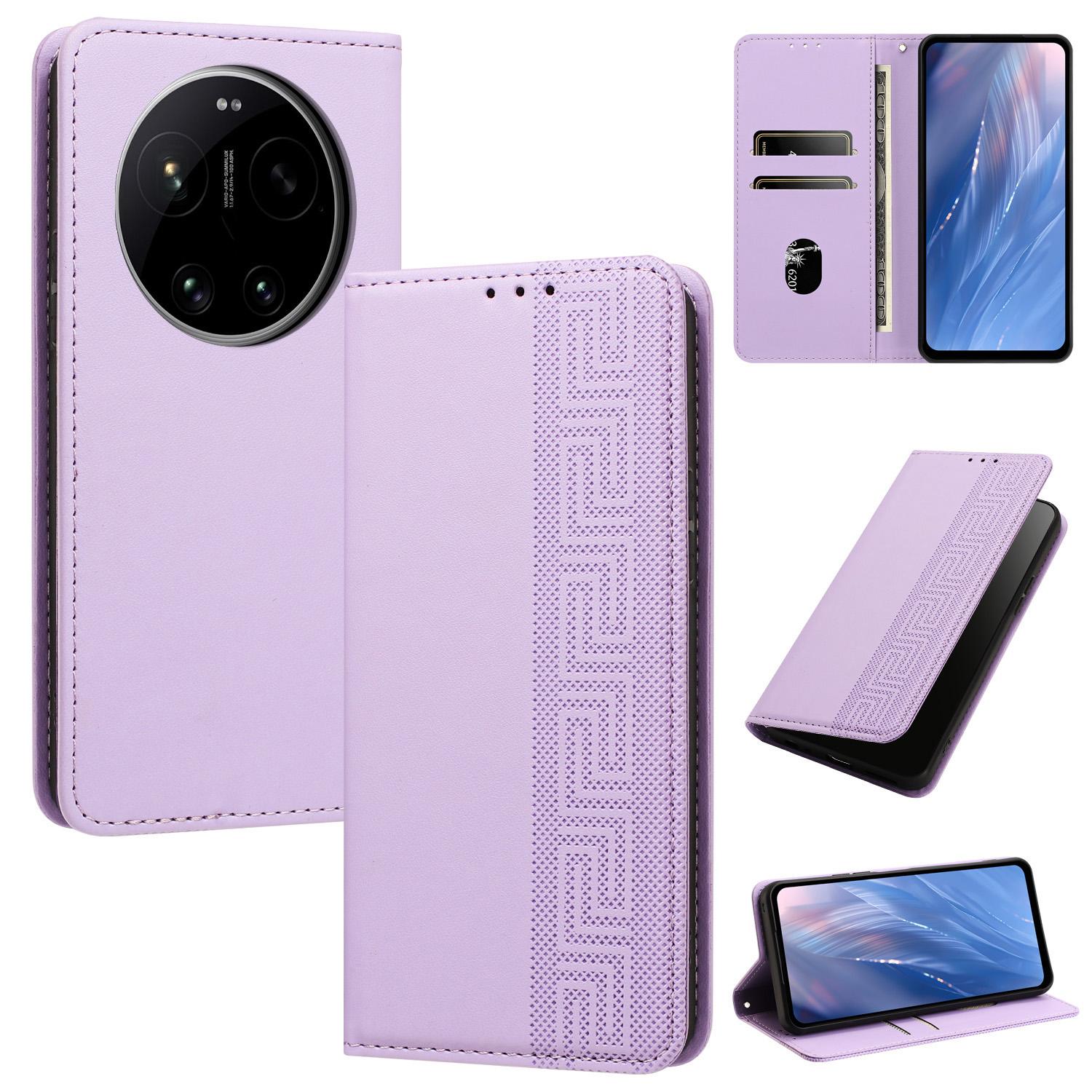 For Xiaomi 17 Ultra Embossed Meander Pattern RFID Vegan Leather Phone Case(Light Purple) - Shopkiz.com
